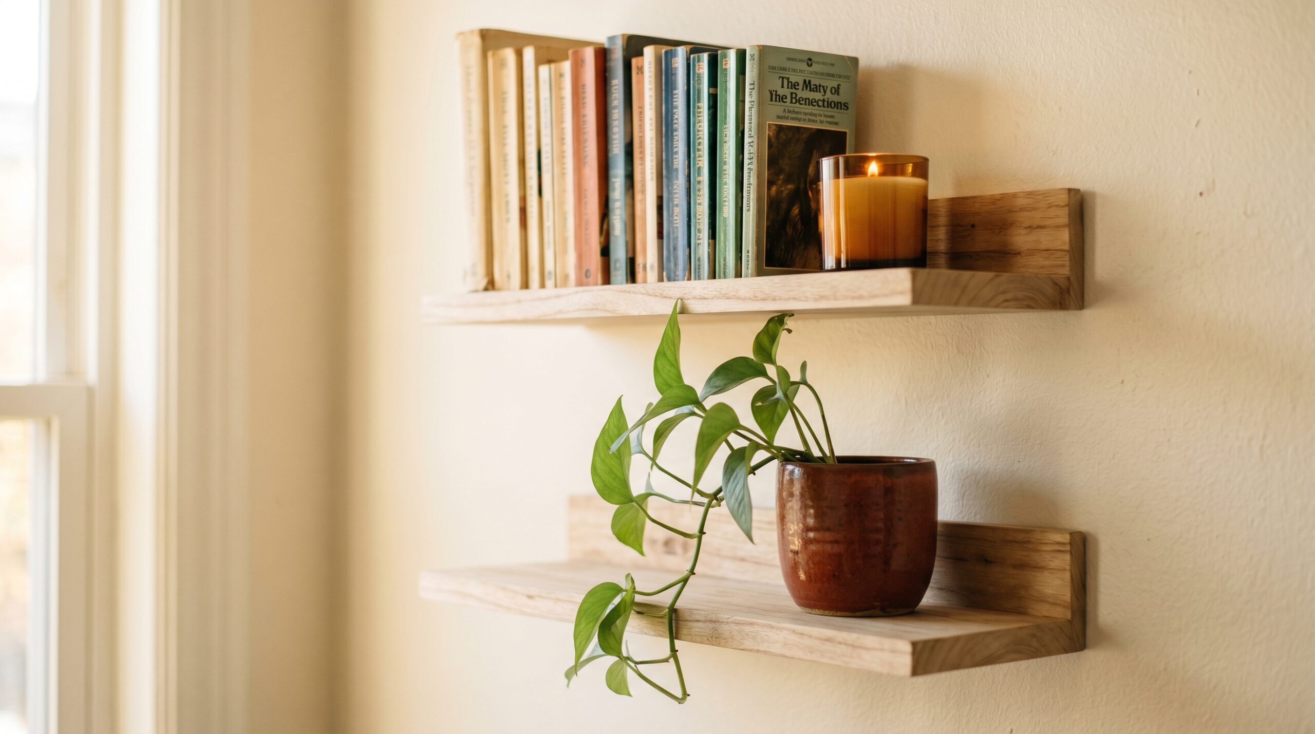 Two adhesive paulownia wood floating shelves on a cream wall holding paperback books, candle, and small pothos plant