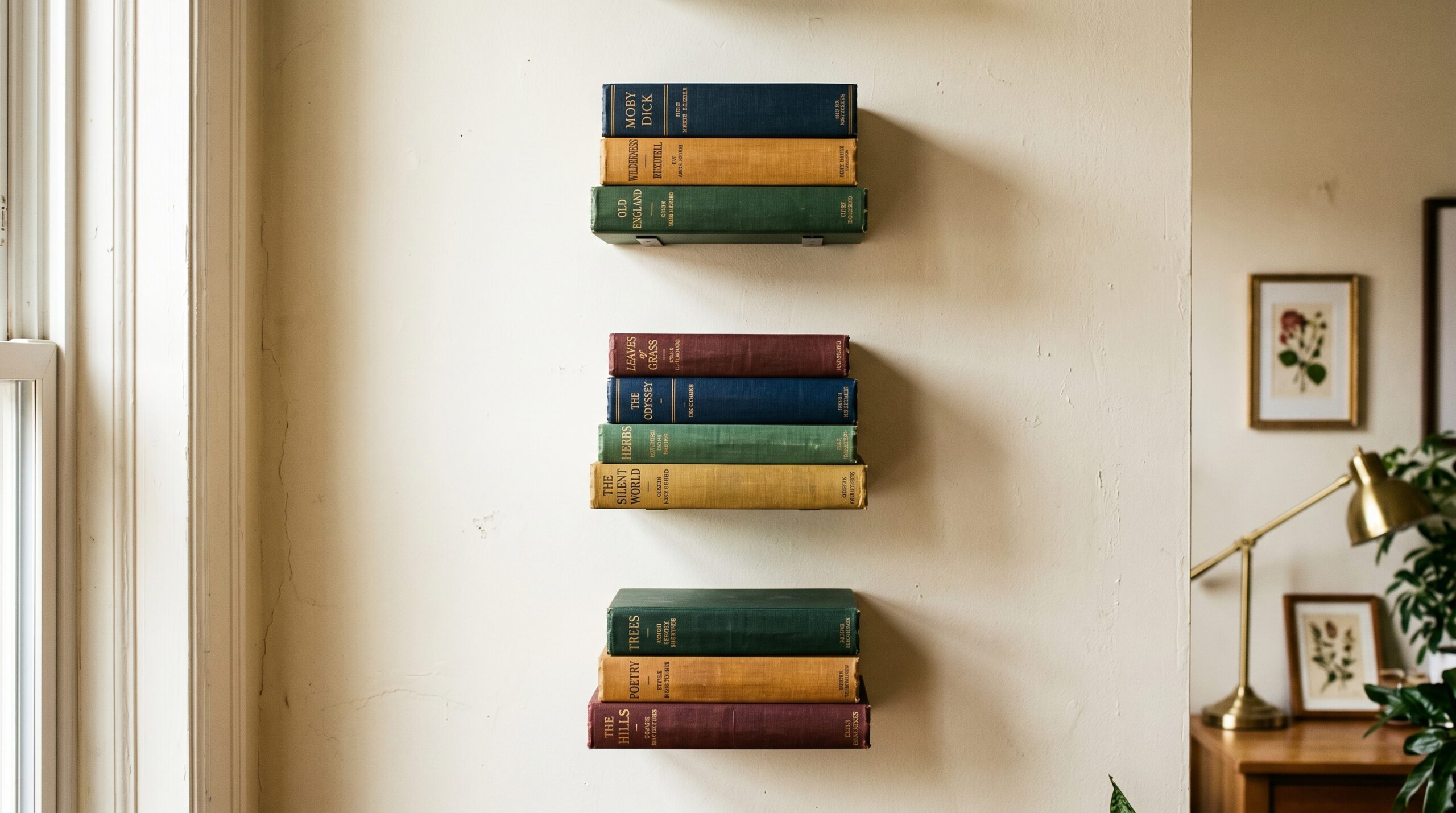 Three invisible-bracket bookshelves with horizontal stacks of vintage hardcover books on a cream wall