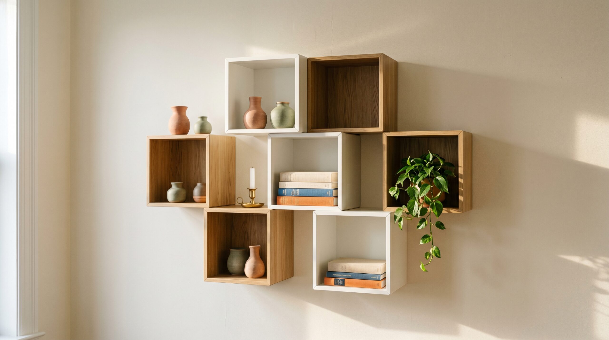 Cluster of white and oak woodgrain cube wall shelves on a cream wall holding ceramics, books, and a small plant
