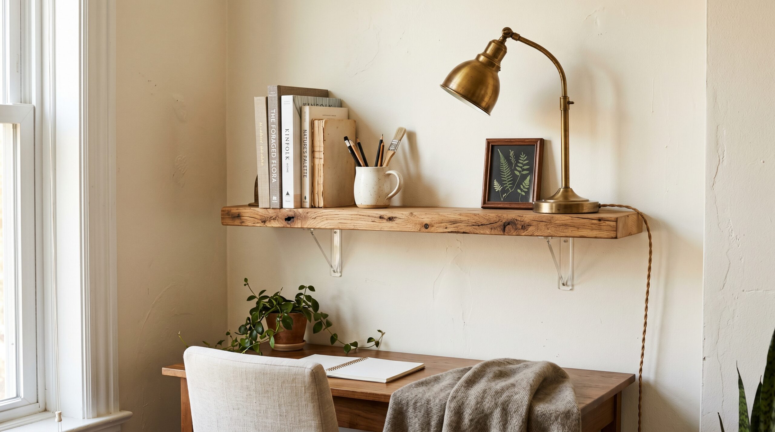 DIY oak plank wall shelf on transparent acrylic adhesive brackets in a small rental workspace, holding art books and a brass desk lamp
