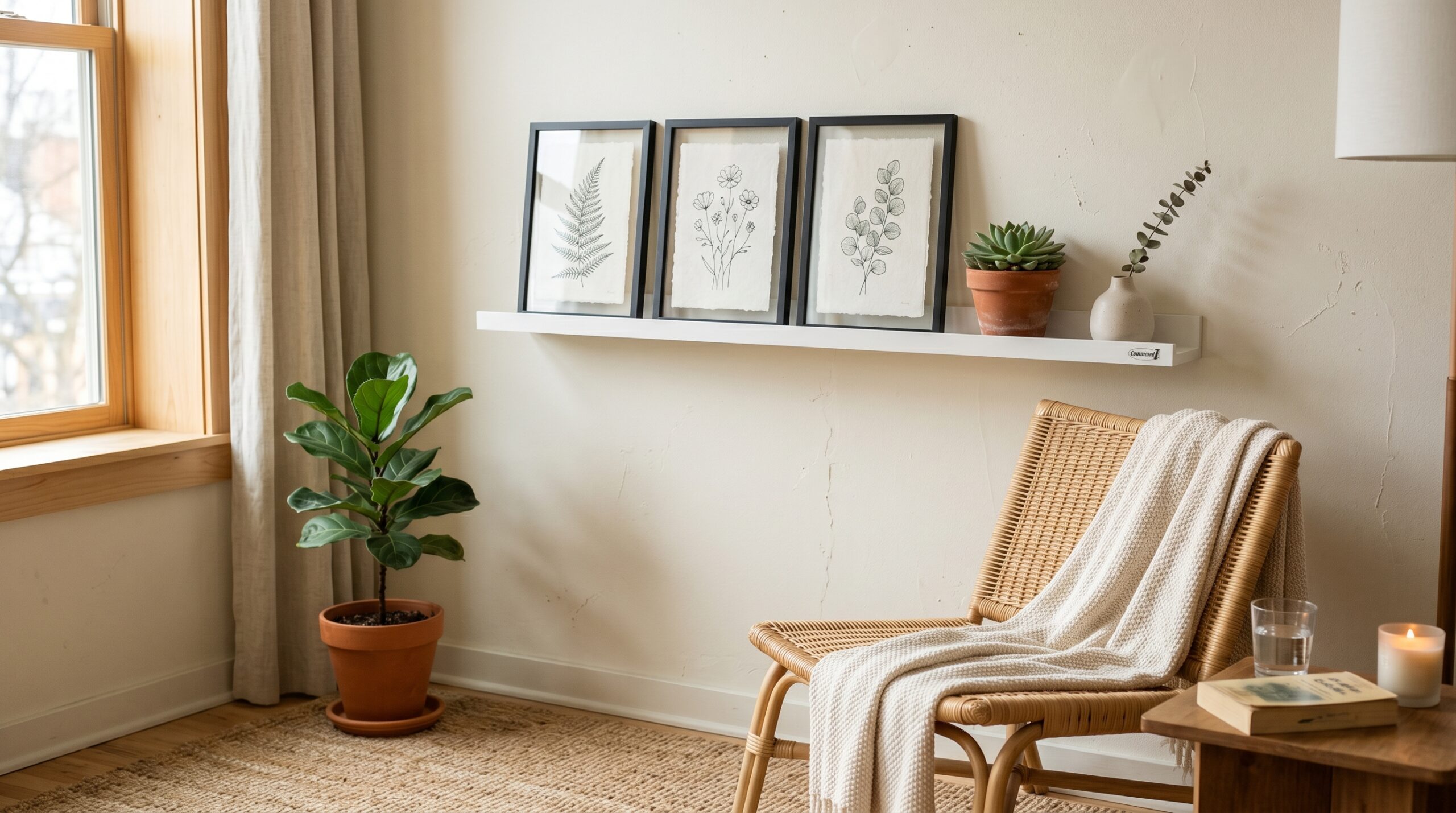 Cream apartment wall with adhesive Command picture ledge holding small framed prints, terracotta plant, and ceramic vase above a rattan accent chair