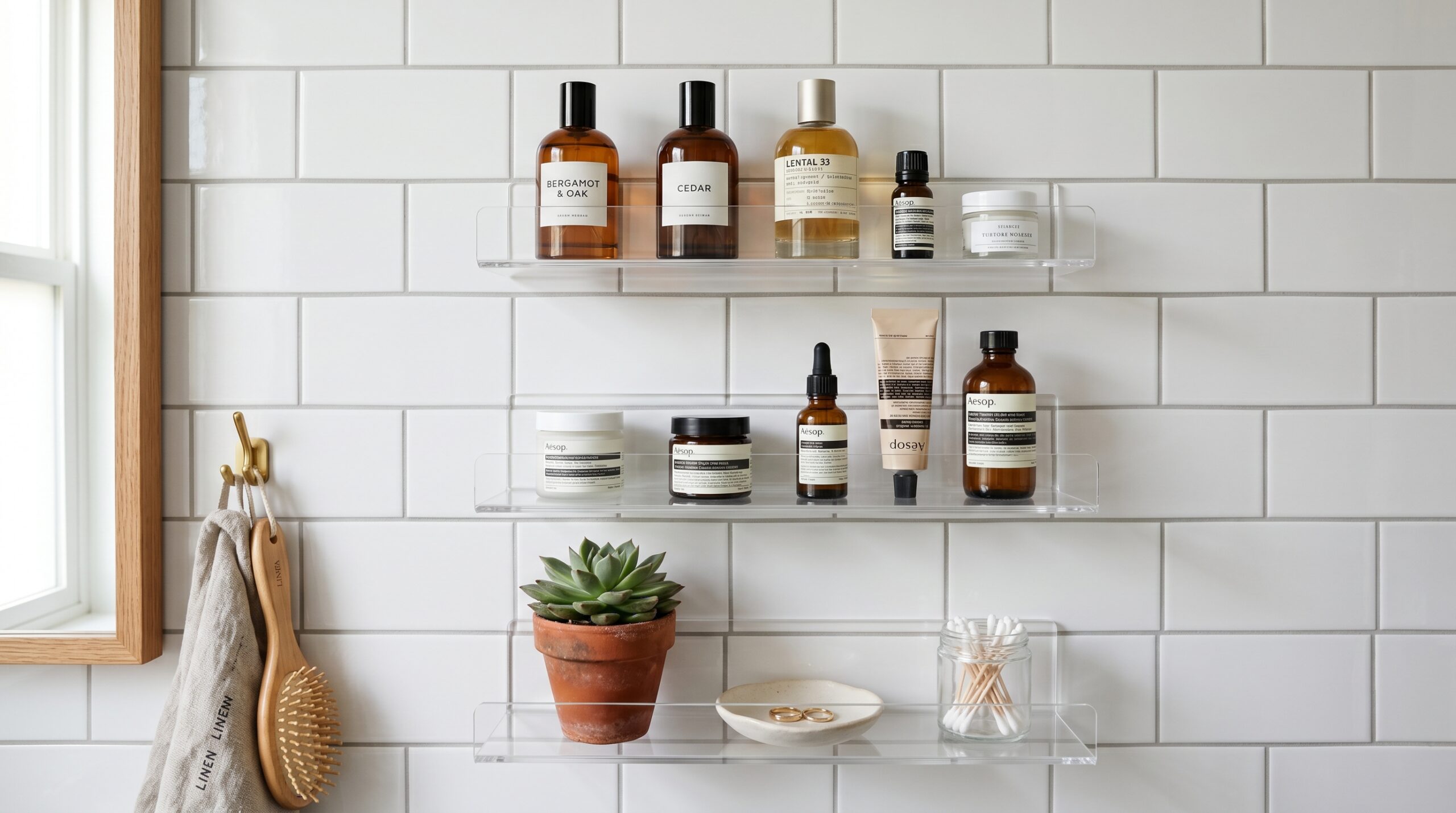 White subway tile bathroom wall with three clear acrylic adhesive floating shelves at staggered heights holding amber perfume bottles and white skincare jars