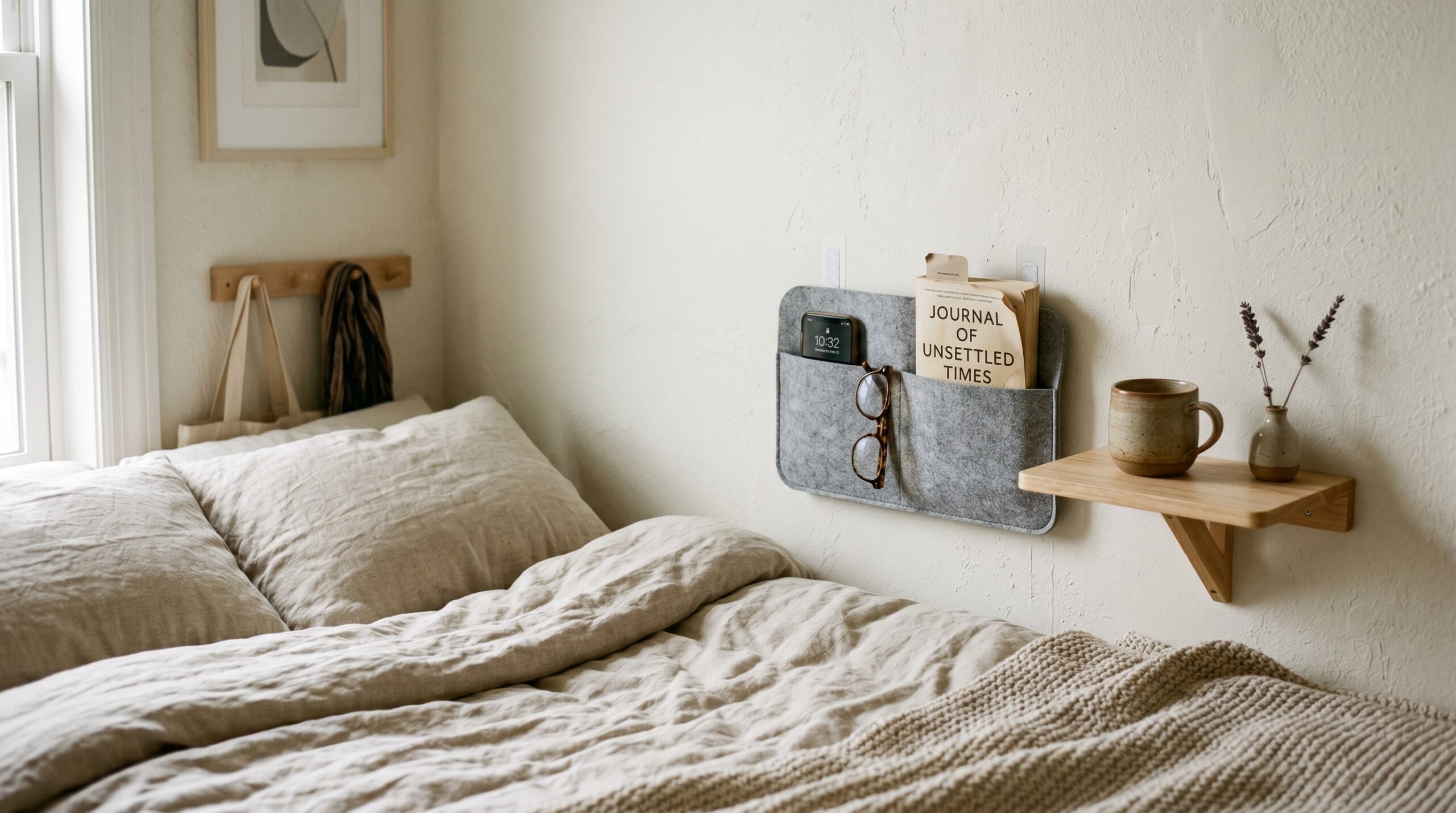 Small rental bedroom with bed in corner against the wall, no nightstand, stick-on adhesive bedside organizer above mattress and small foldable shelf with mug and dried flowers