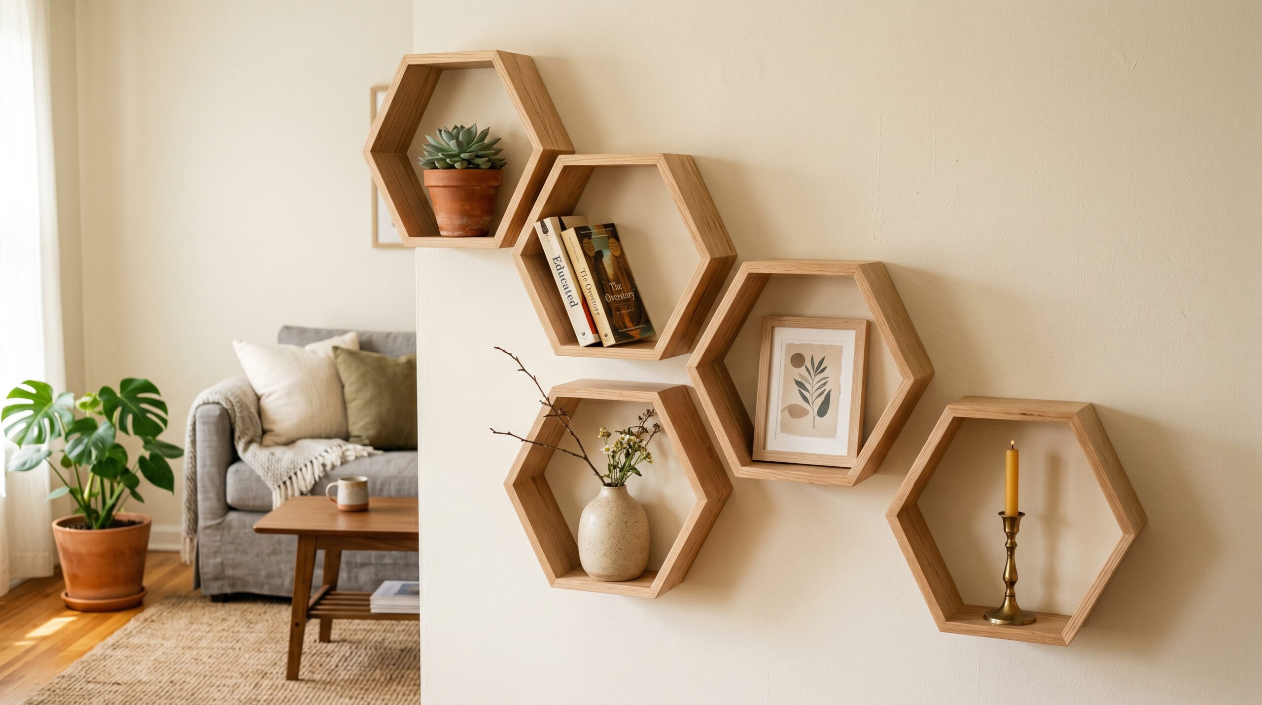 Five wooden hexagon honeycomb floating shelves arranged in asymmetric scatter pattern on a cream apartment wall with succulent ceramic vase paperbacks and brass candlestick