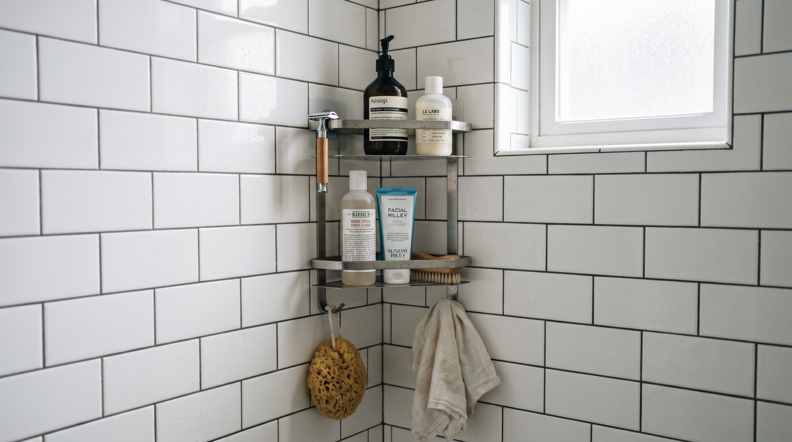 Two-tier stainless steel adhesive corner shower caddy mounted in a 90-degree subway tile corner holding shampoo conditioner body wash razor and face wash with hooks