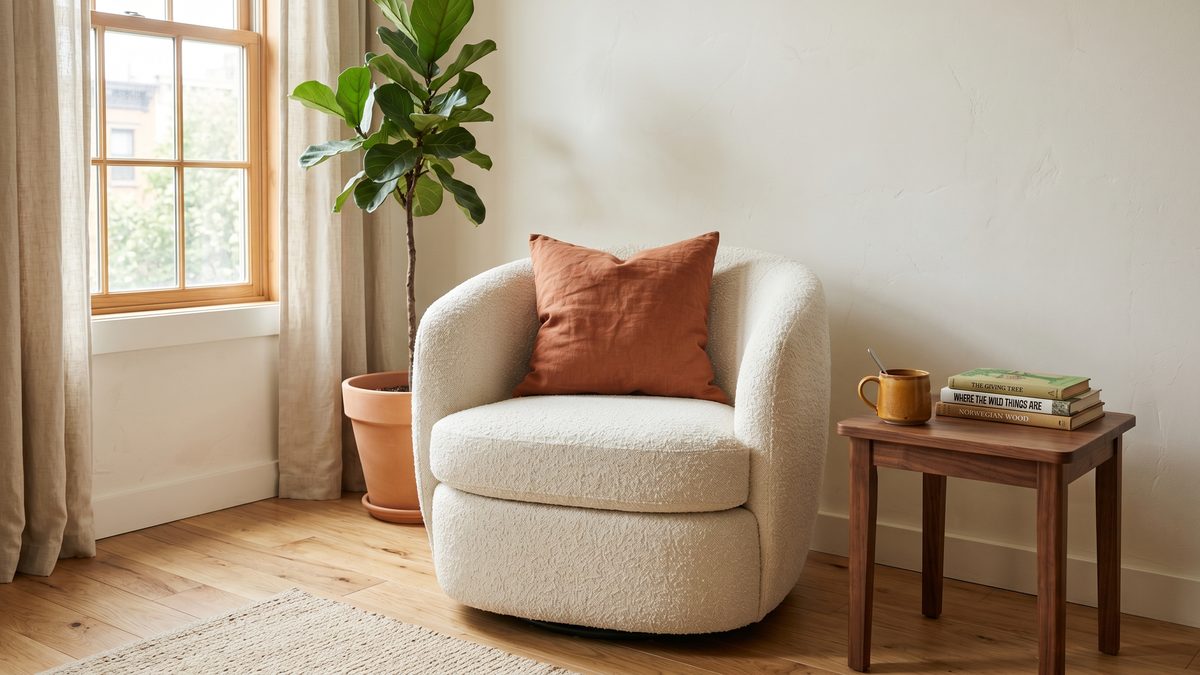 Cream boucle 34-inch swivel barrel reading chair with terracotta linen pillow in a small apartment living room with warm oak floors and cream walls