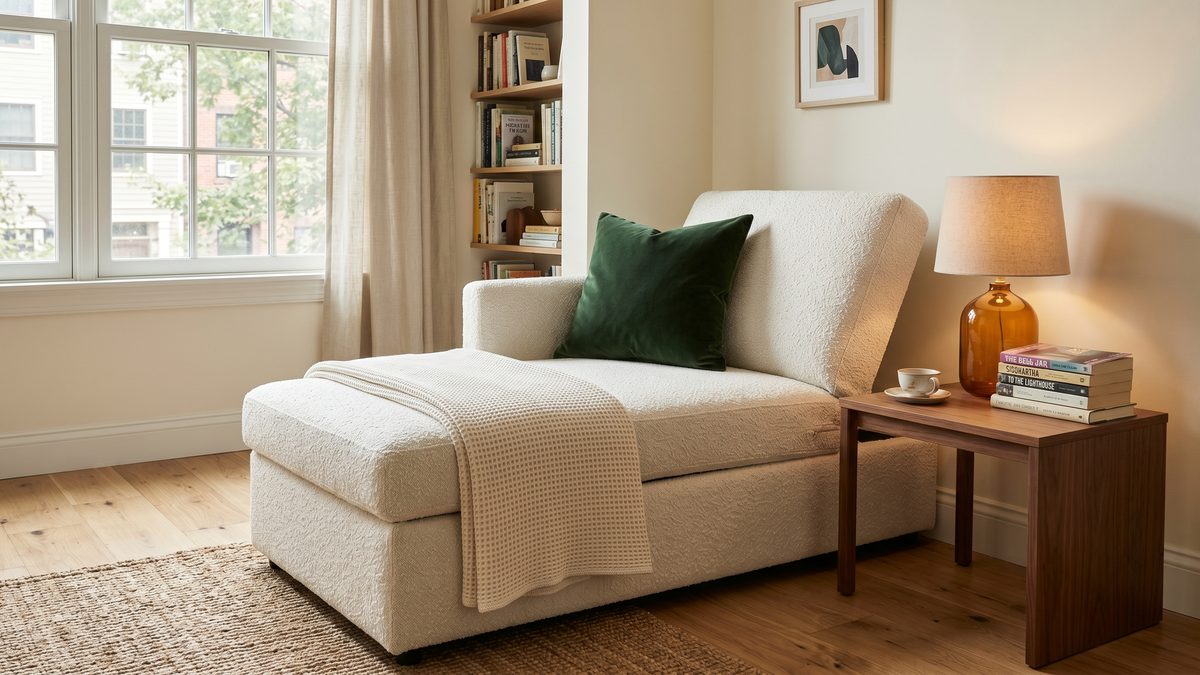 Pearl white boucle convertible sleeper reading chair configured in chaise lounge mode in a small studio apartment