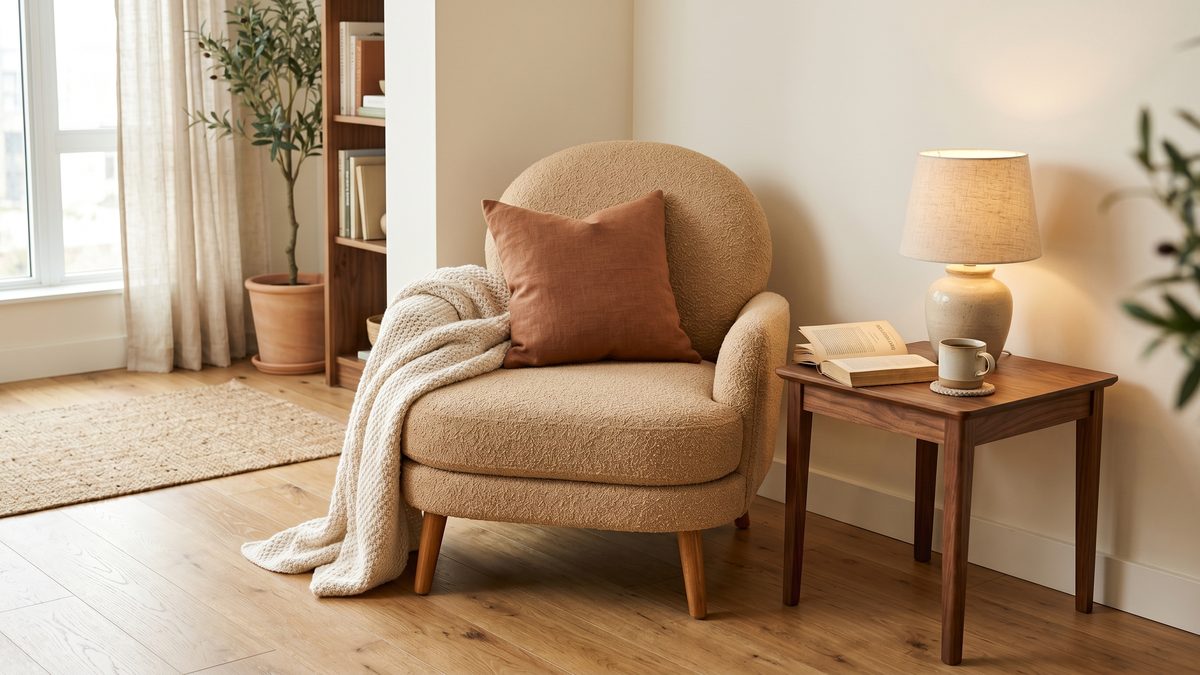 Low-profile light camel boucle accent reading chair with round back and tapered wooden legs in a small 1-bedroom apartment