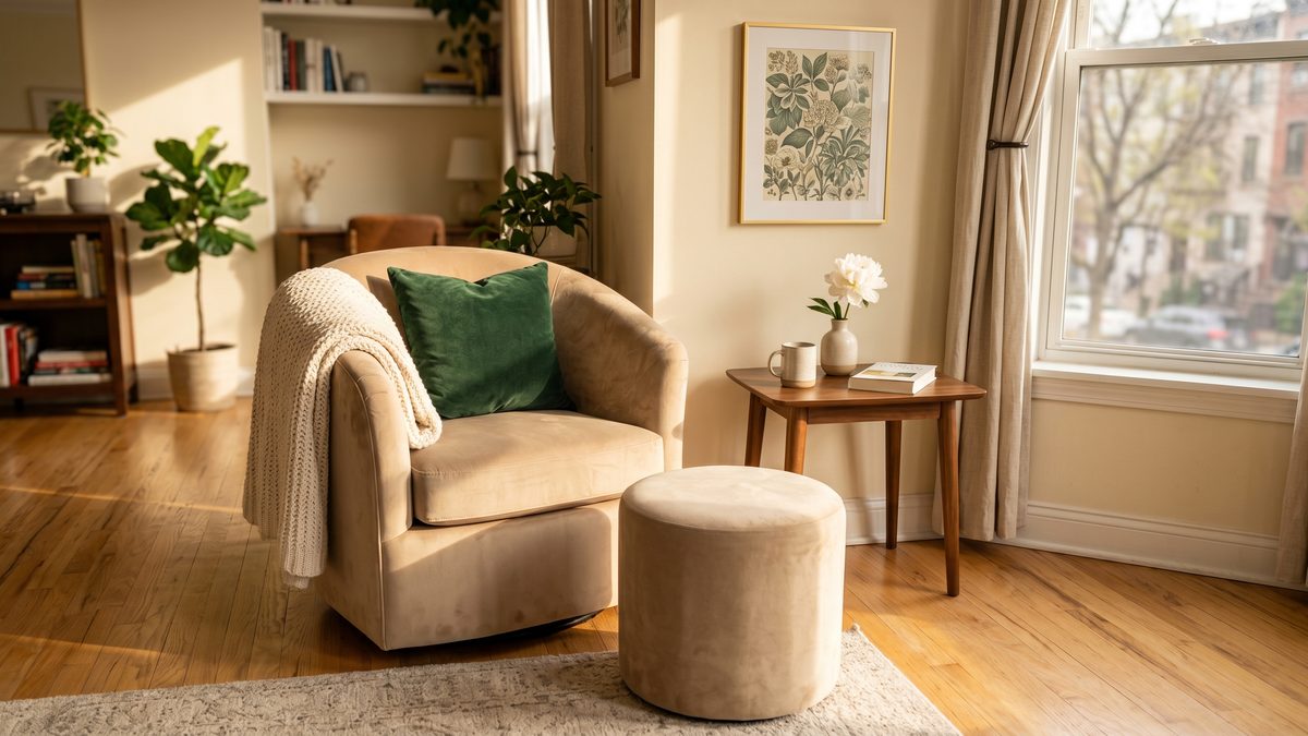 Beige velvet barrel accent reading chair with matching footstool ottoman in a small apartment with a cream knit throw and forest green velvet pillow