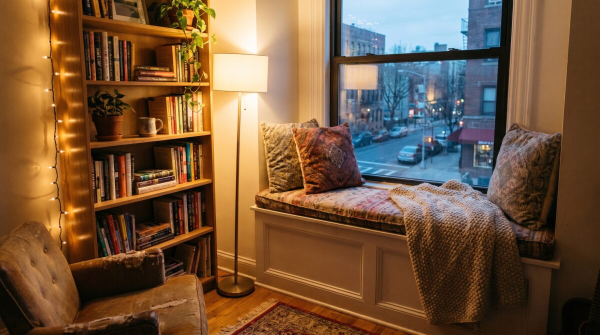 Cozy reading nook with window seat, cushions, throw blanket, warm string lights, and bookshelf in a small studio apartment