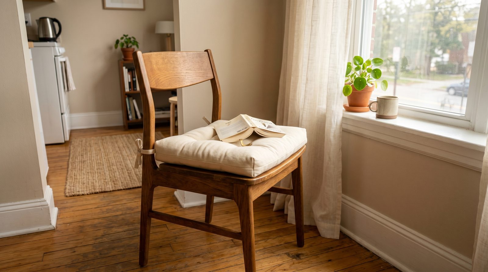 Dining chair promoted to reading chair with a thick memory foam cushion tied on, near a sunlit window in a small studio apartment
