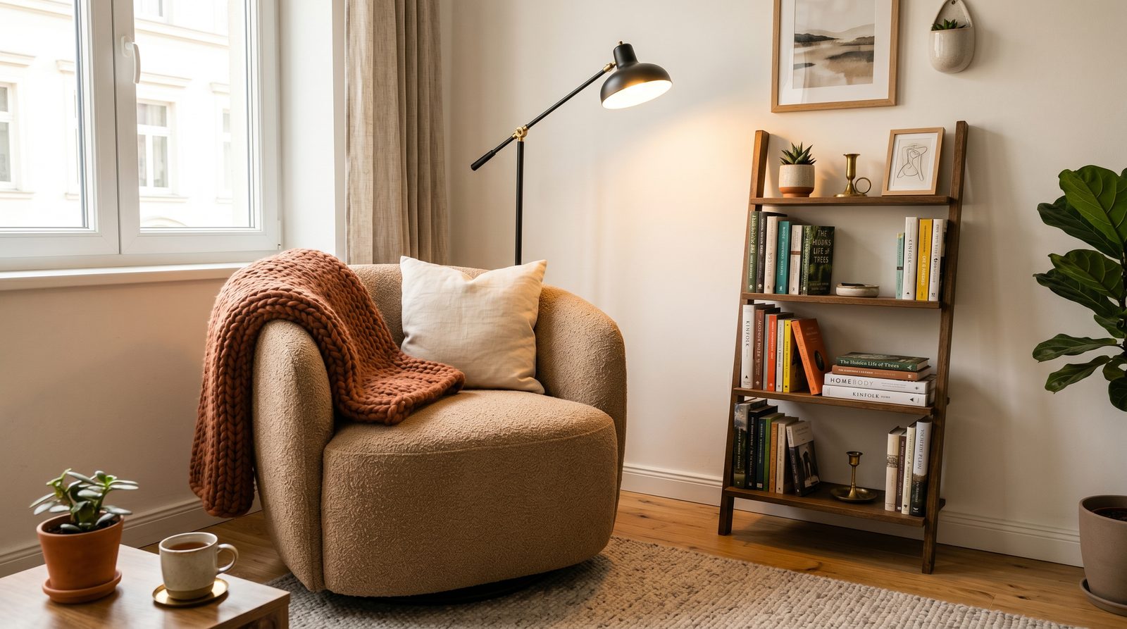 Slim swivel barrel armchair in warm beige boucle tucked into a small apartment corner with a floor lamp and leaning ladder bookshelf