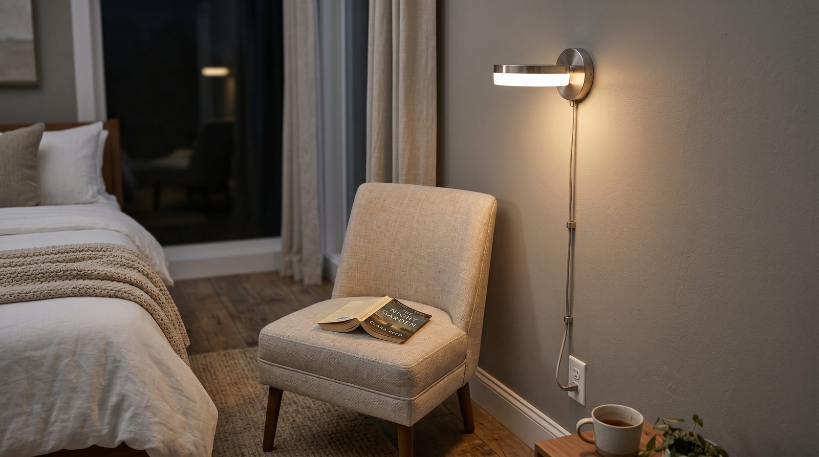 Brushed nickel plug-in wall sconce above a small reading chair at the foot of a bed, cord running down the wall to a baseboard outlet