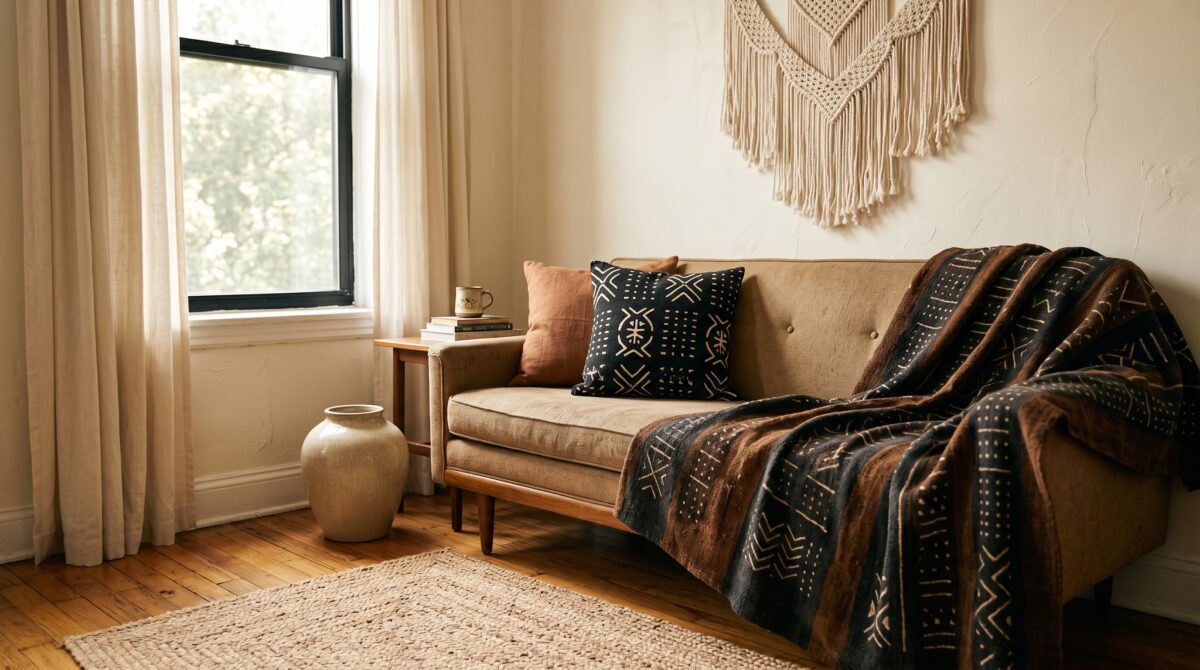 Small rental apartment living room corner styled in afrohemian fusion aesthetic with mudcloth throw, jute rug, and earth-tone palette
