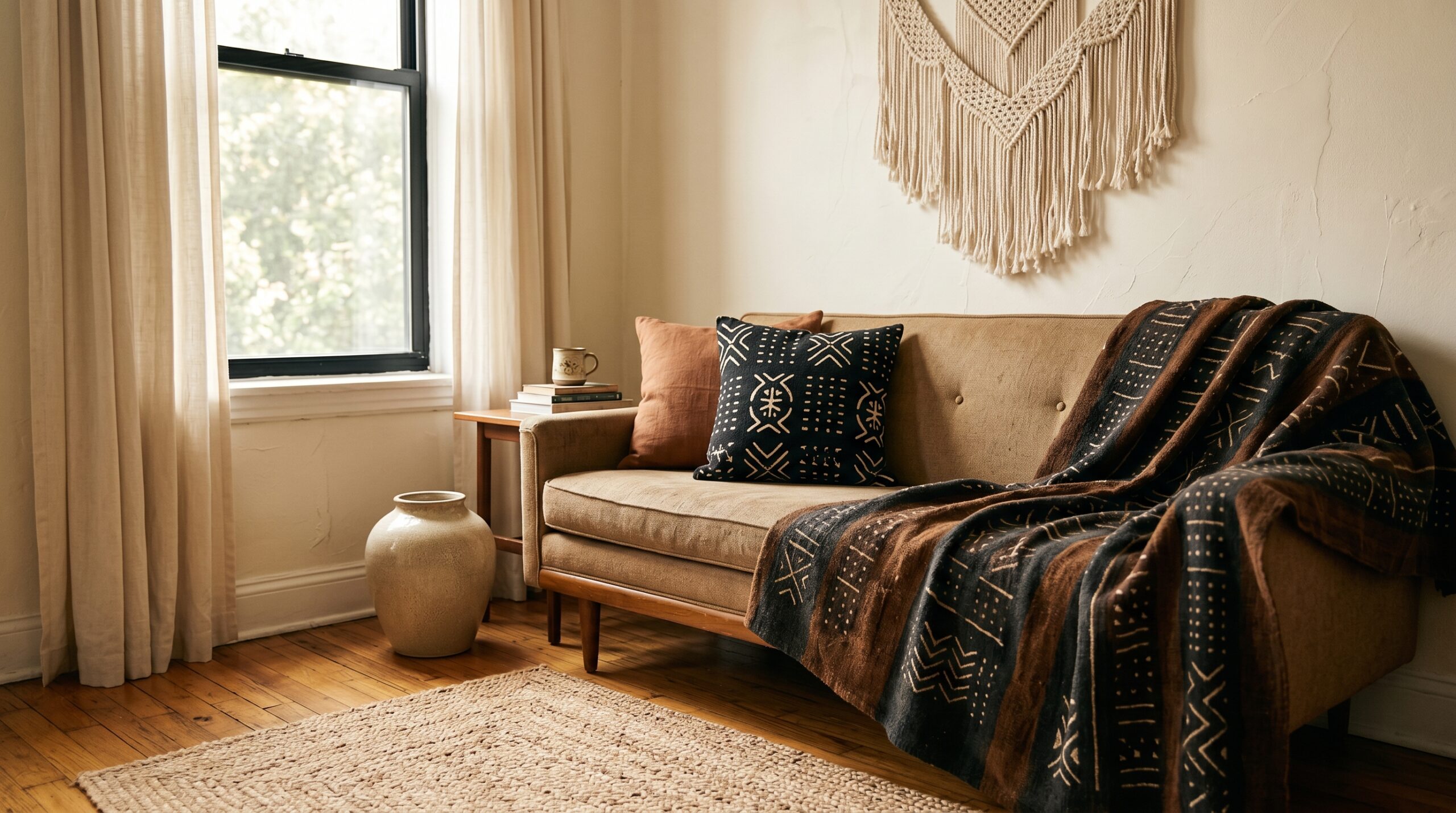 Small rental apartment living room corner styled in afrohemian fusion aesthetic with mudcloth throw, jute rug, and earth-tone palette