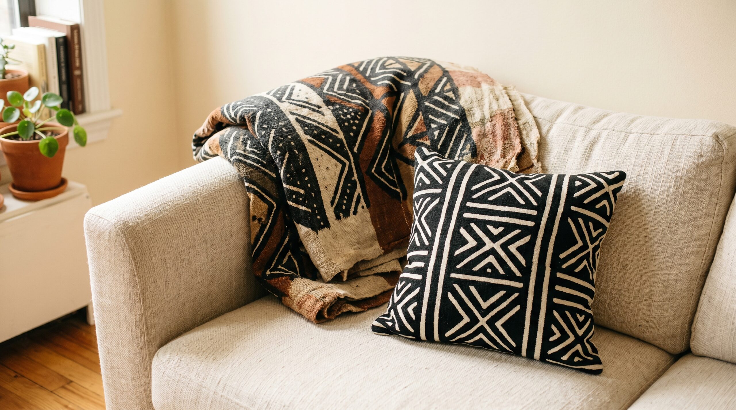 Authentic Bogolan mudcloth throw and afrocentric black-white print pillow on a cream sofa, close-up textile detail