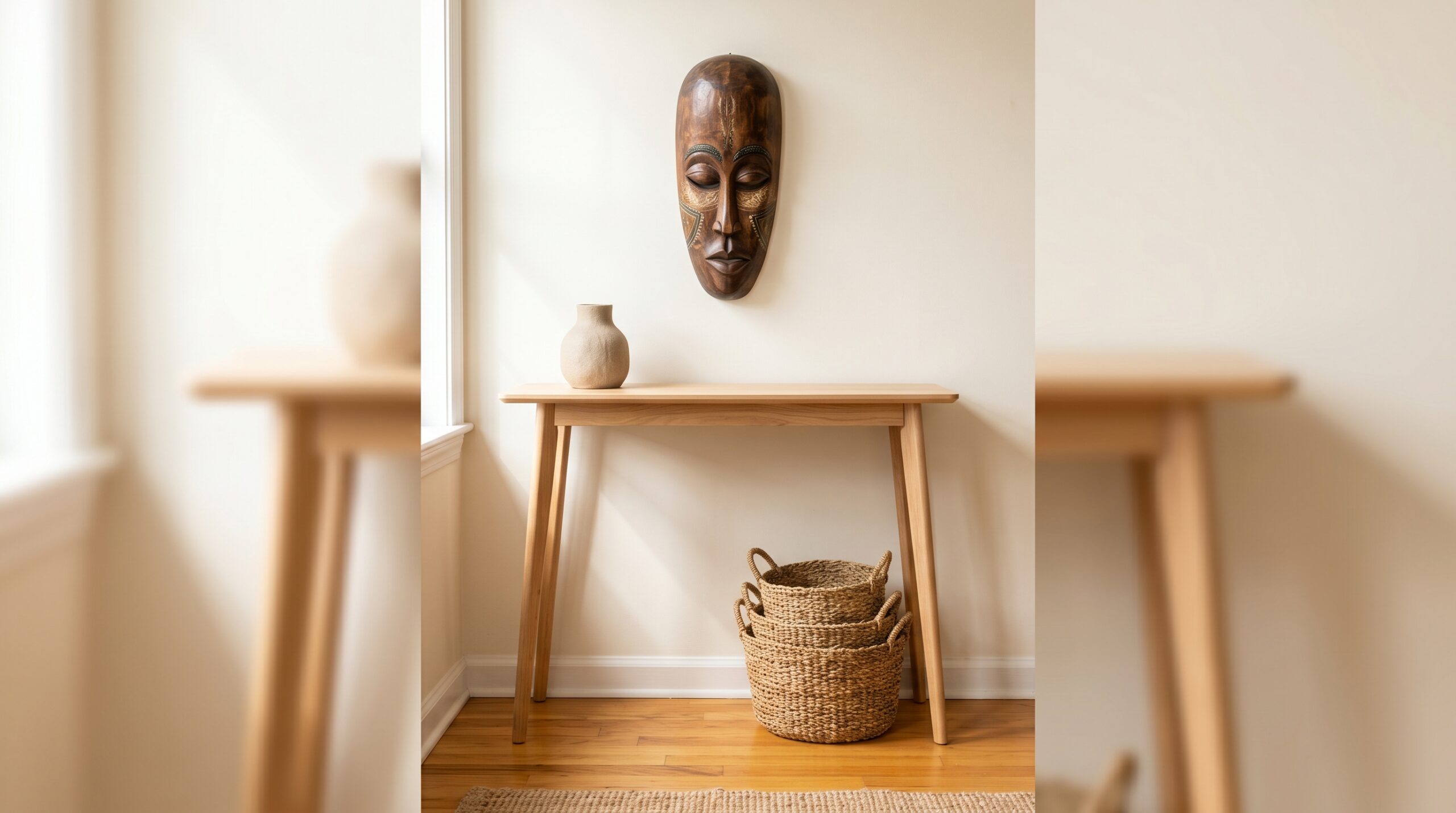 Console table styled with three nested natural seagrass baskets and a hand-carved African-style wood mask above