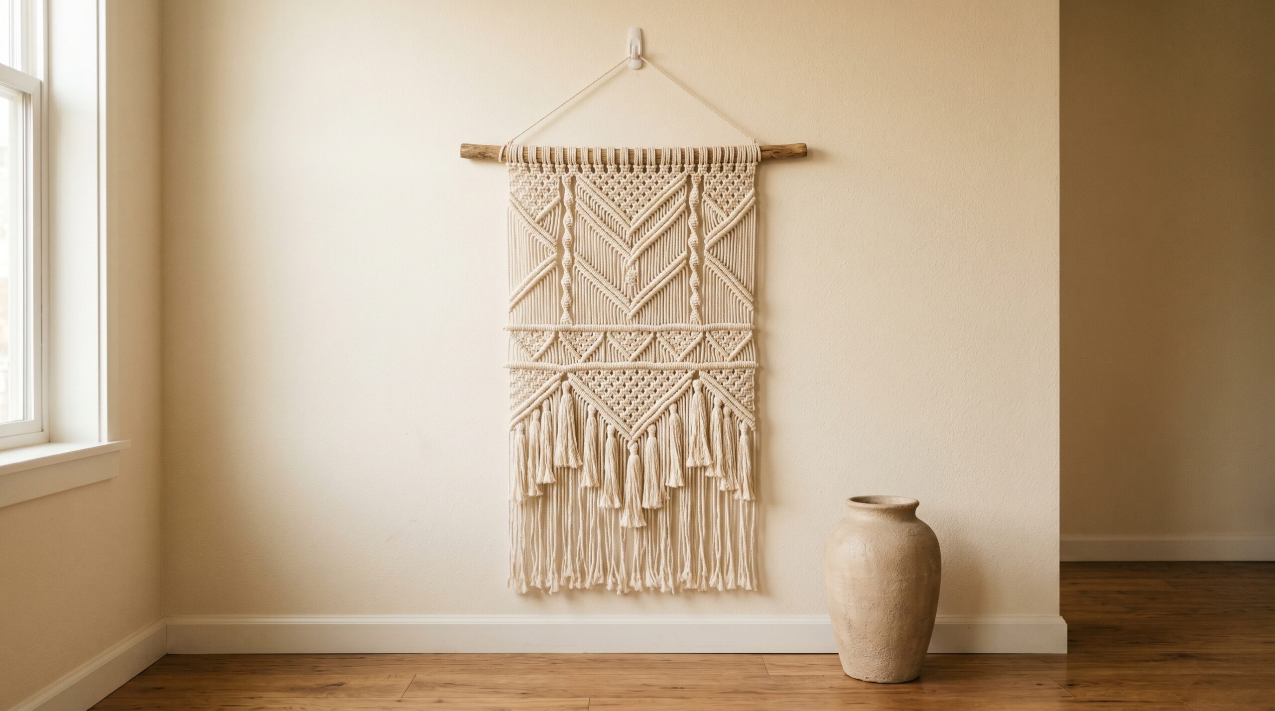 Large 43-inch cream cotton macrame wall hanging on a no-drill Command hook next to a tall textured beige ceramic vase