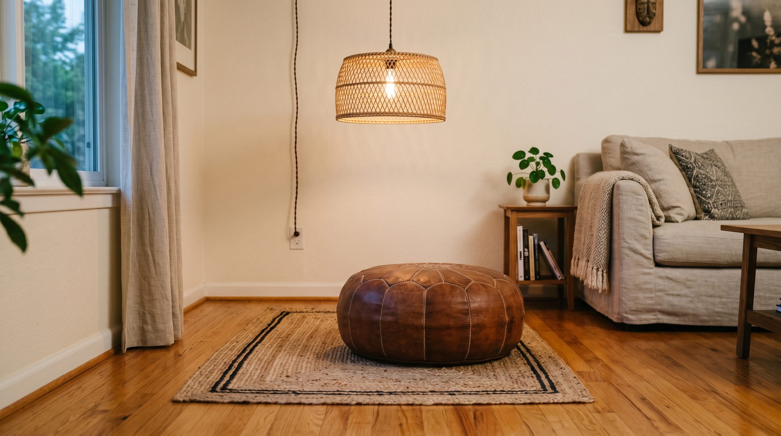 Hand-braided natural jute rug, round brown Moroccan leather pouf, and plug-in rattan pendant lamp with warm Edison-bulb glow