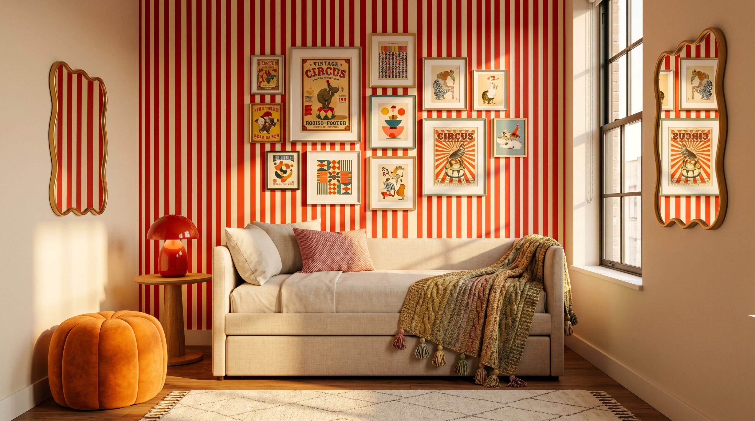Circus interior studio apartment with red and cream striped accent wall, orange velvet pouf, scalloped gold mirror, and gallery wall in a 380 sq ft rental