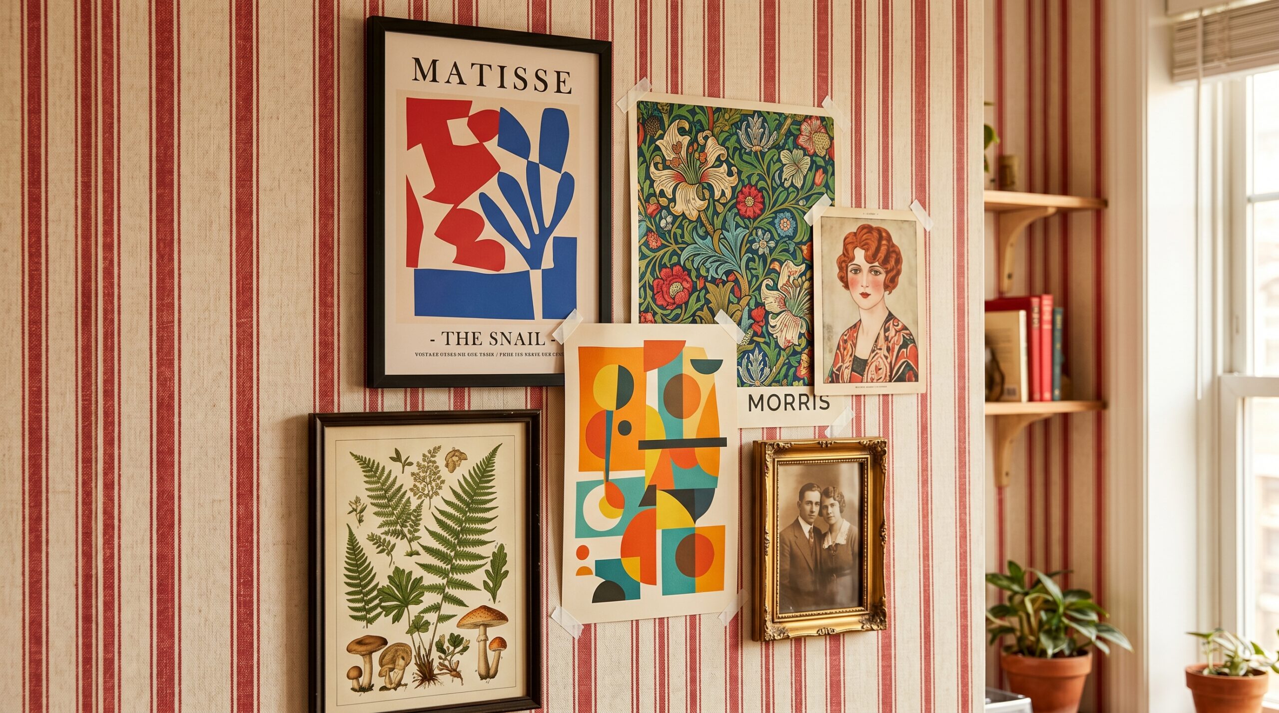 Red and cream striped peel and stick wallpaper accent wall with layered gallery wall of vintage maximalist art prints attached using renter-safe poster strips