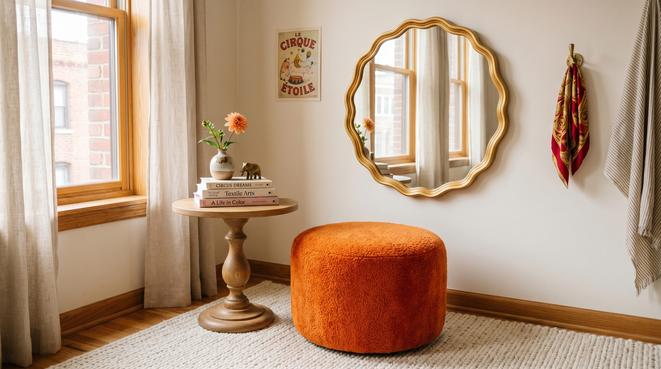 Studio apartment corner with orange teddy velvet pouf, round oak pedestal side table, and 24-inch asymmetrical scalloped gold-framed wall mirror, three curved circus interior pieces