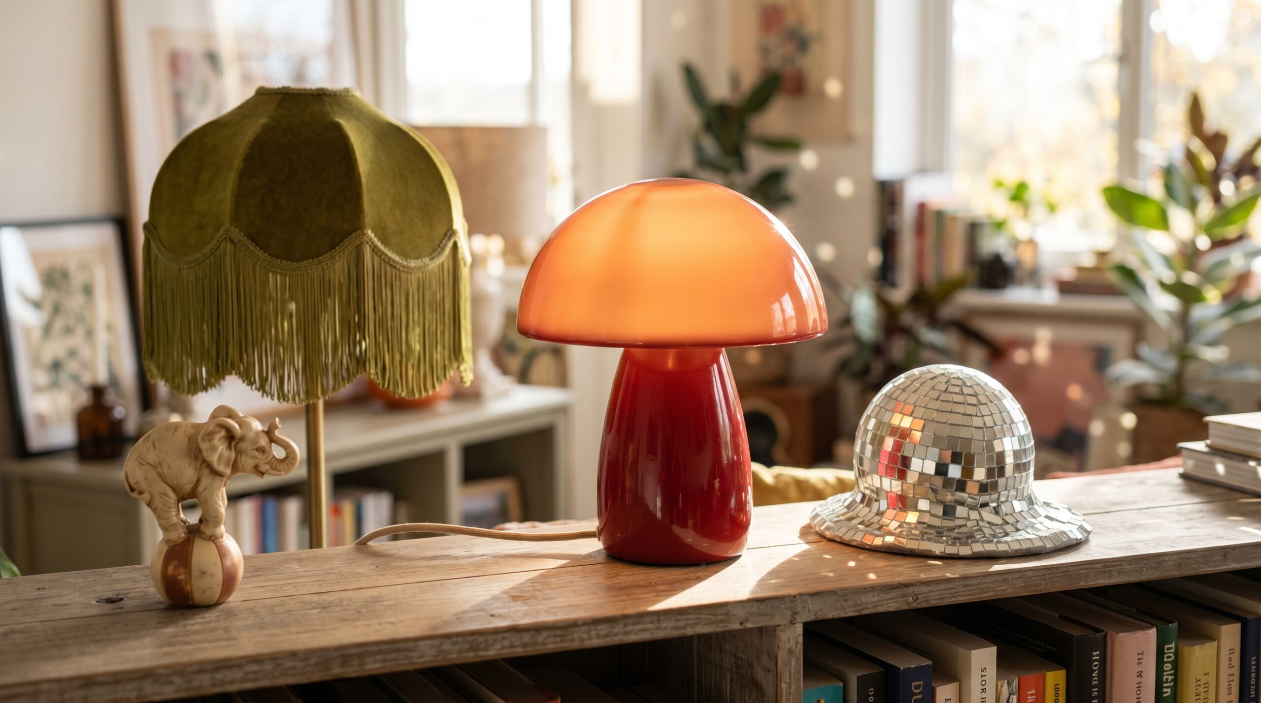 Bookshelf vignette with red ceramic mushroom lamp, silver melted disco ball sculpture, vintage cream resin circus elephant figurine, and tasseled olive velvet lampshade for a circus interior studio