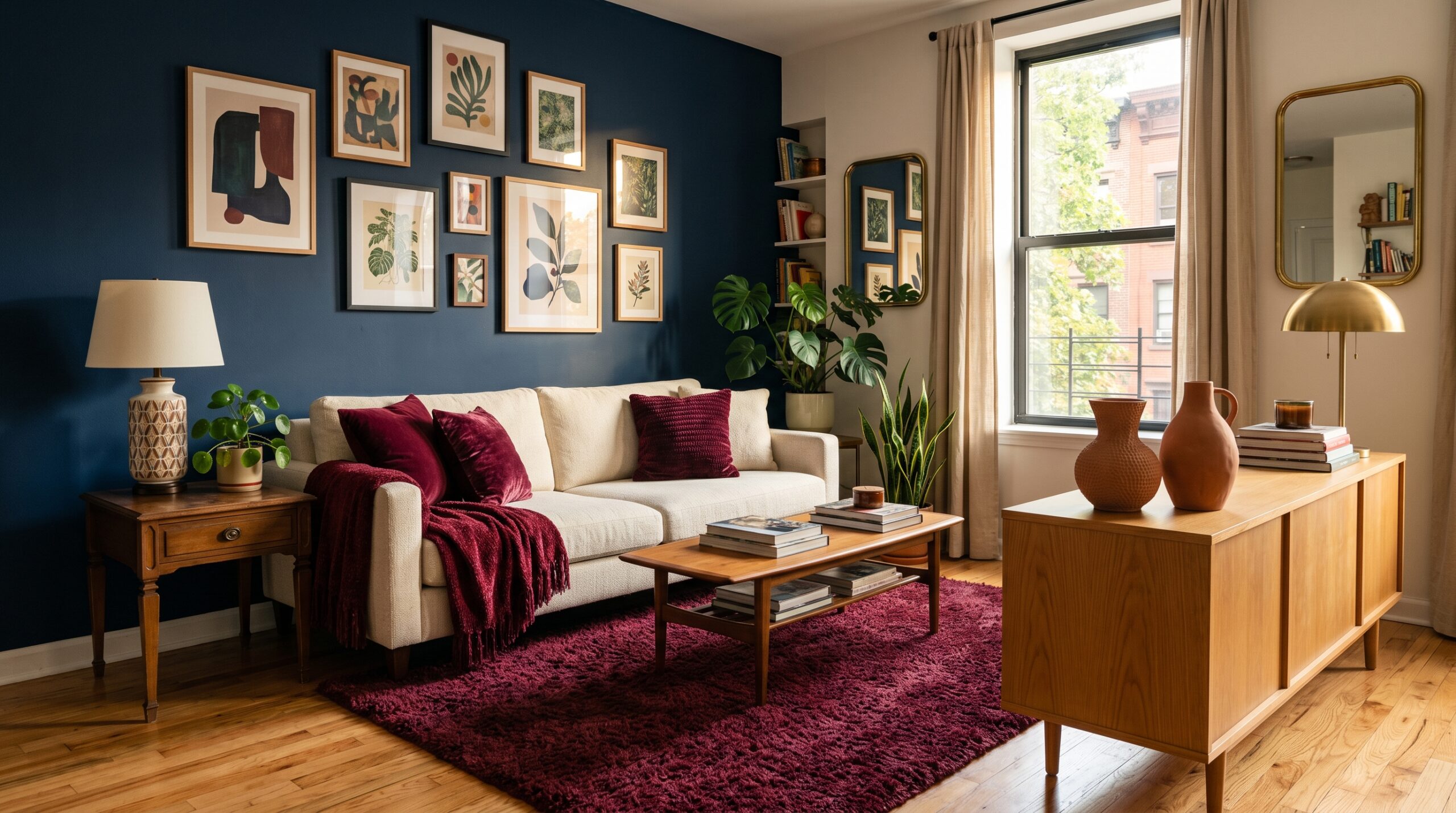 Small apartment living room styled in color-forward maximalism with burgundy velvet pillows, navy peel-and-stick accent wall, terracotta vases, and amethyst throw