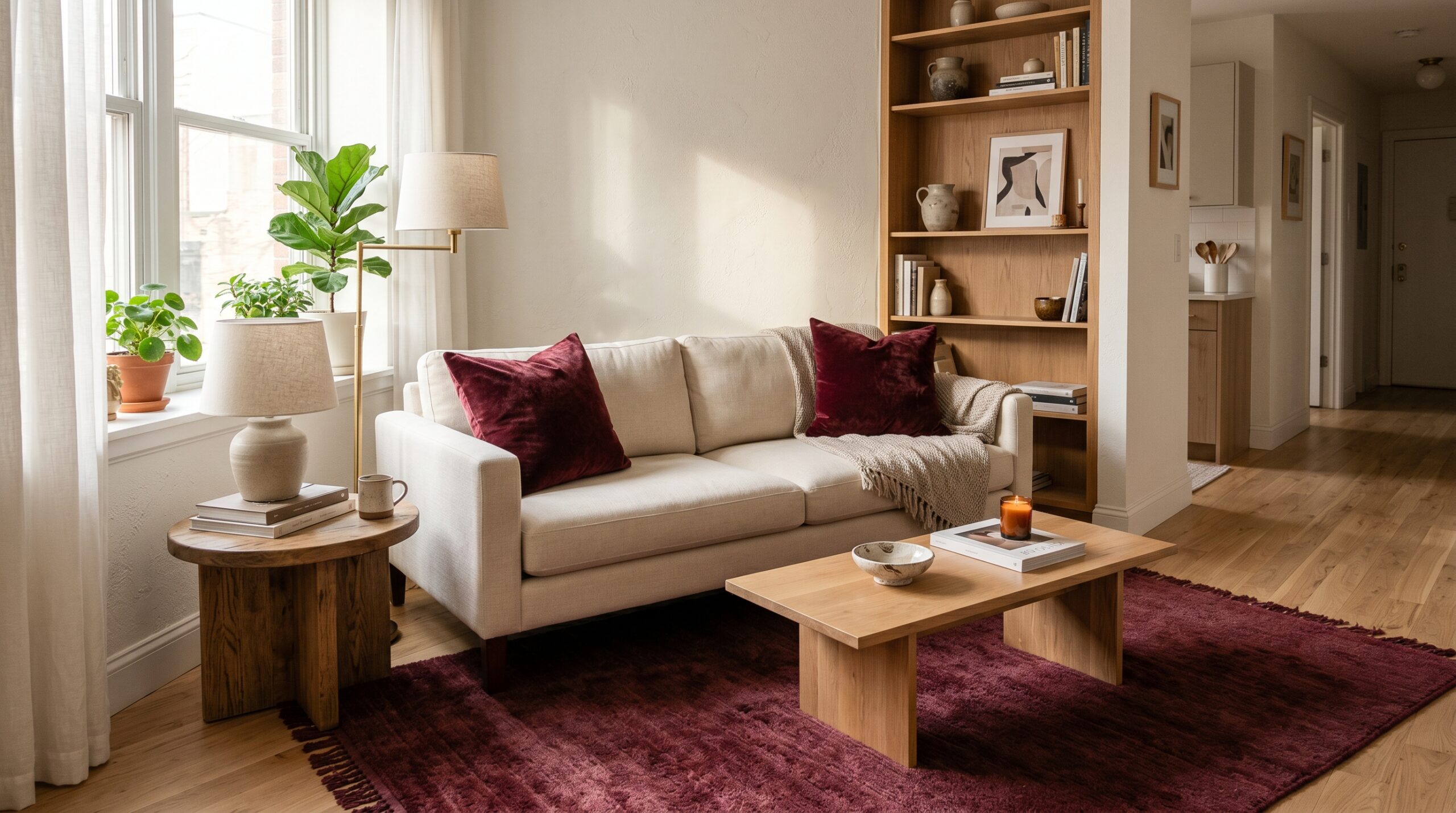 Burgundy velvet pillow, burgundy chenille throw, and burgundy plush rug layered in a small apartment living room with light flooring