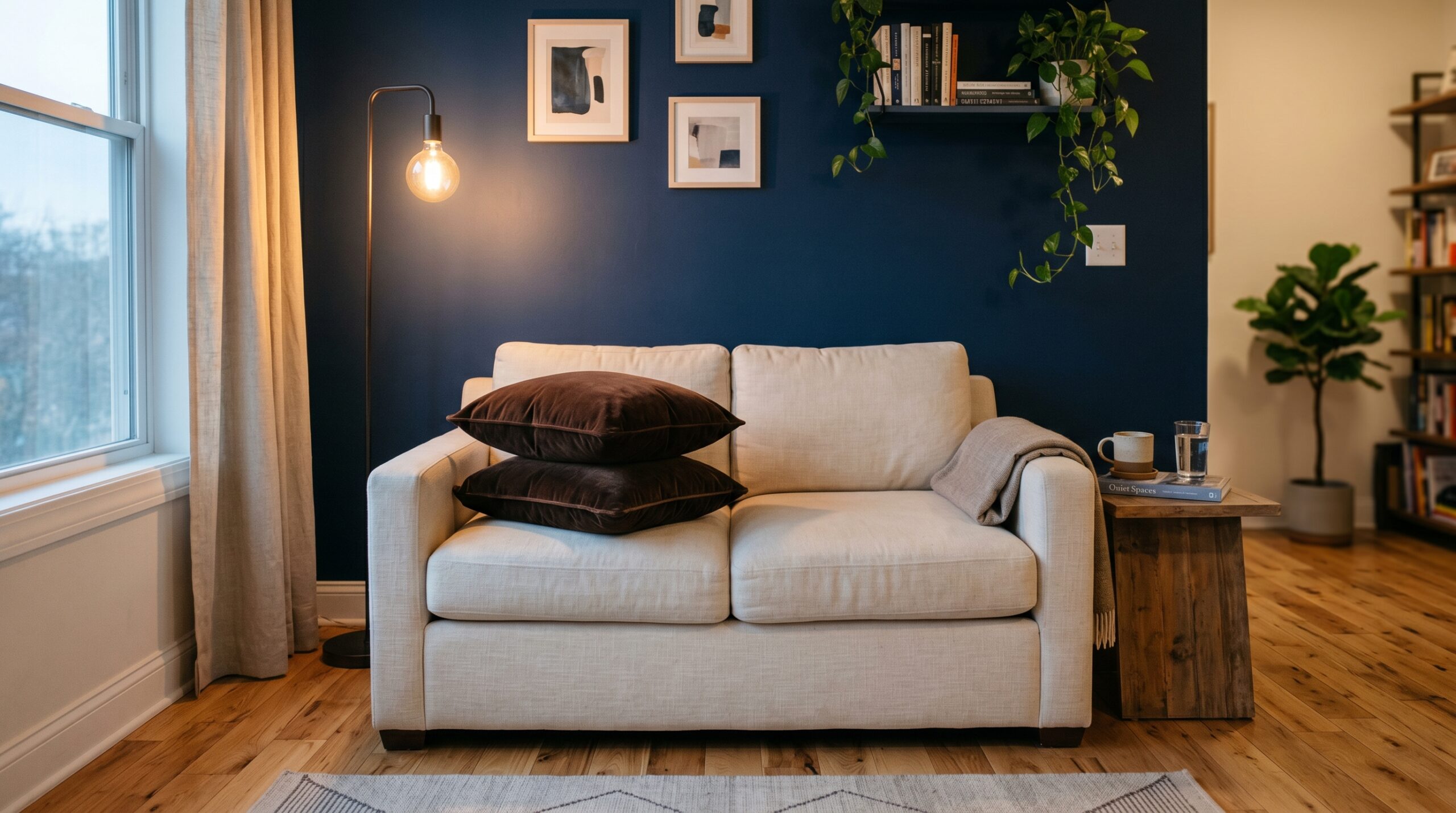 Chocolate brown velvet pillows stacked next to a navy peel-and-stick accent wall in a small apartment with light flooring