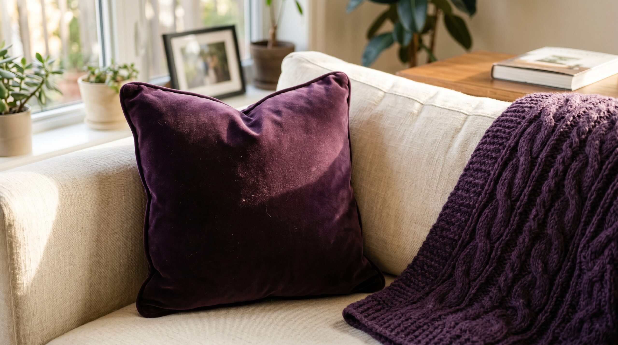 Eggplant purple velvet accent pillow and amethyst cable-knit throw on a neutral linen sofa in a small apartment