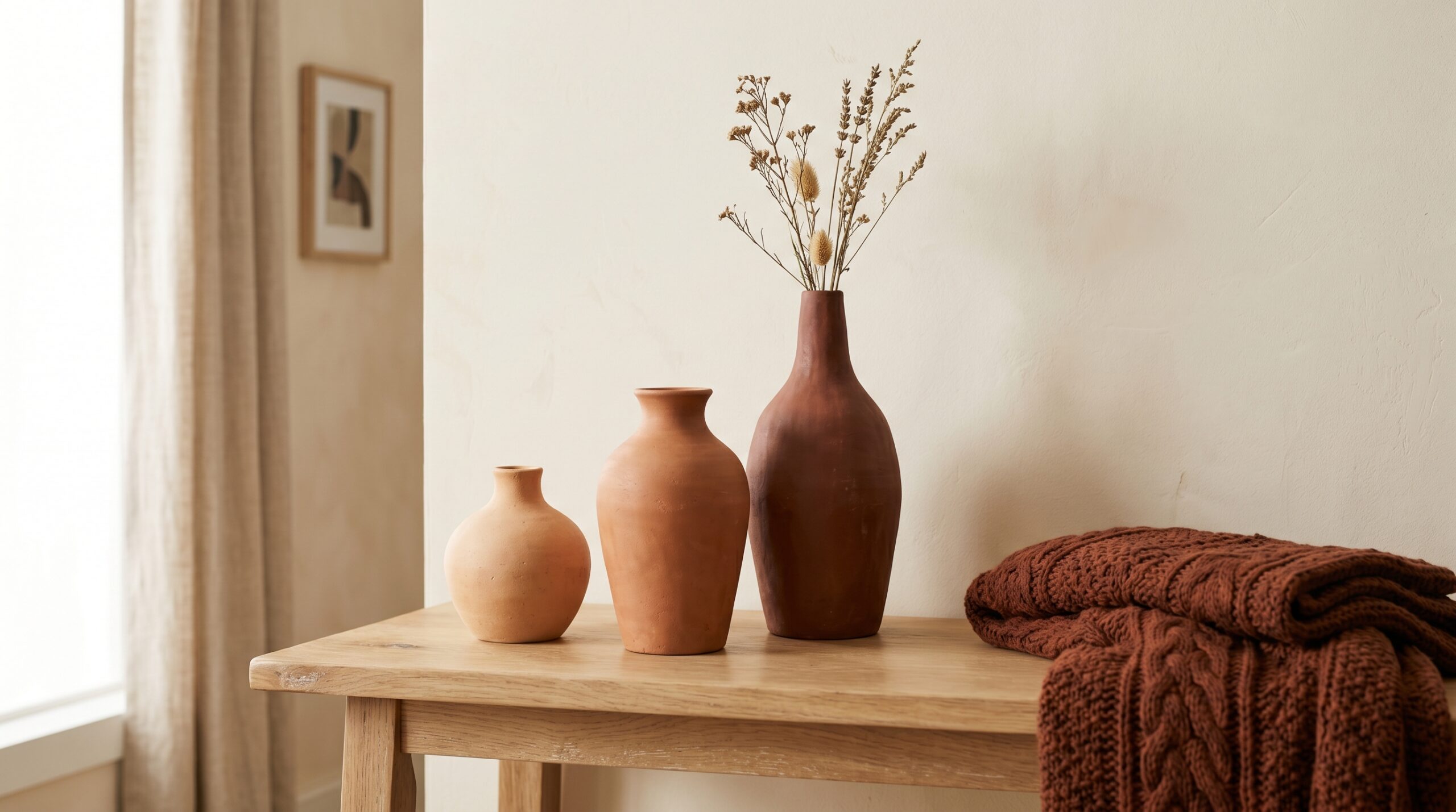 Set of three terracotta ceramic vases in graduated heights on a wooden console with a dark terracotta cable-knit throw folded nearby