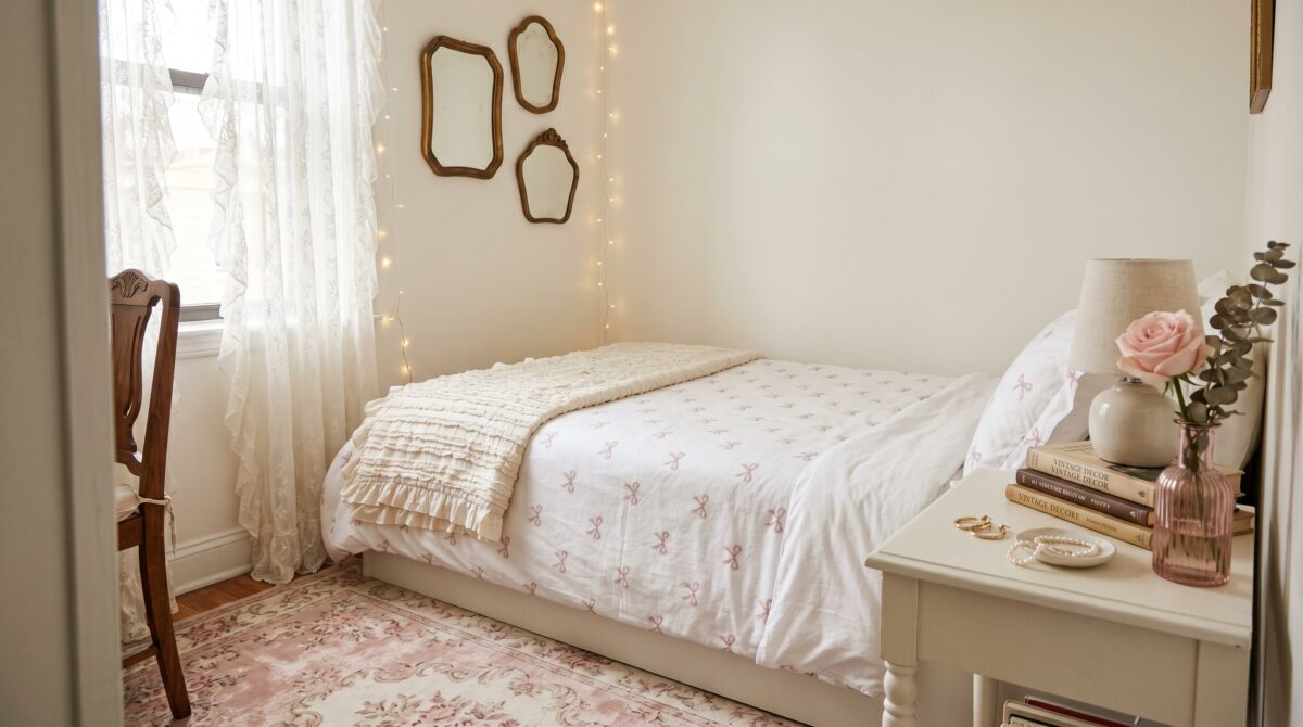 Small rented coquette bedroom with white bow-print bedding, lace curtains, and warm fairy lights