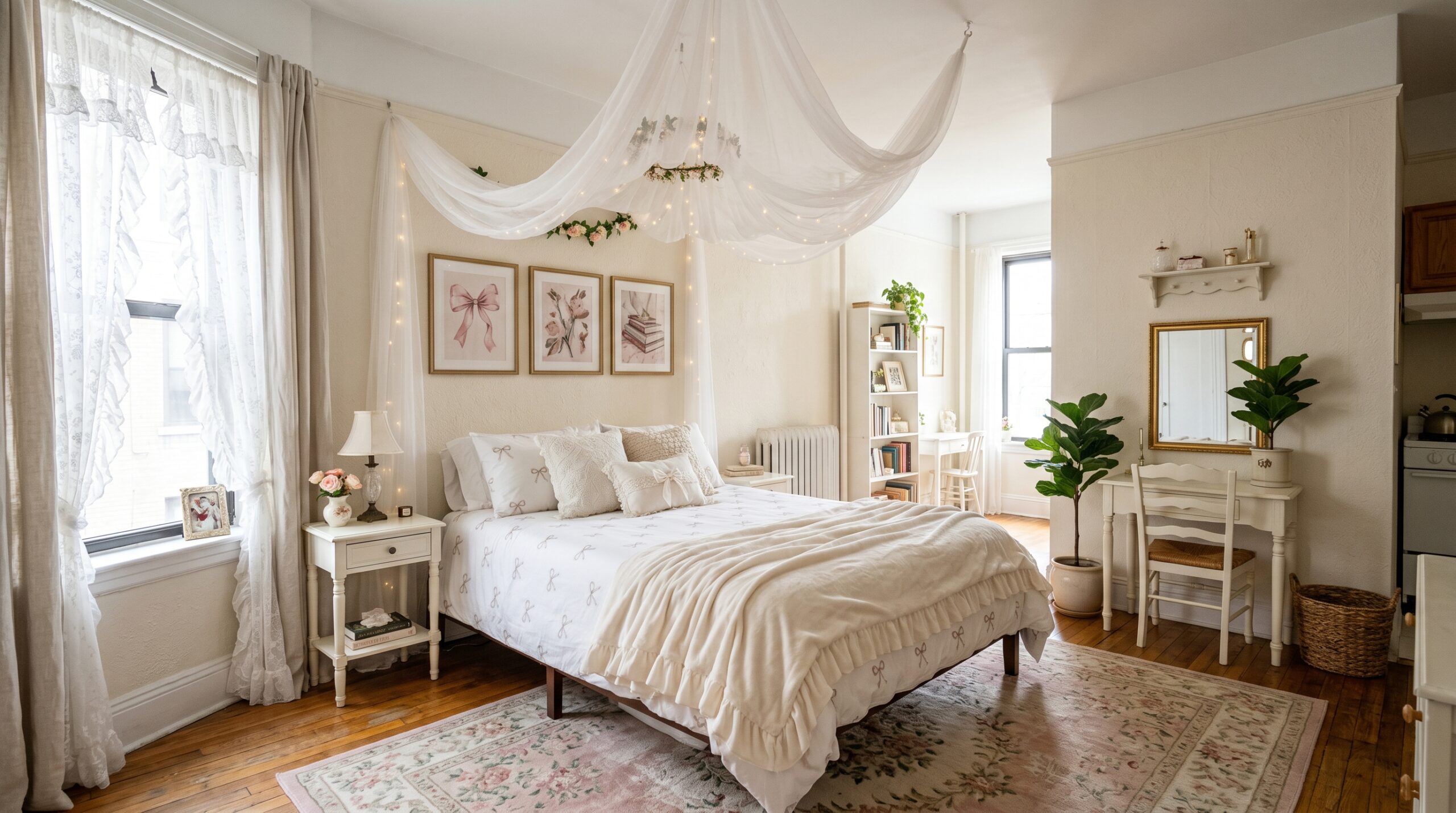 Complete small coquette bedroom with sheer canopy, lace curtains, and vintage floral rug