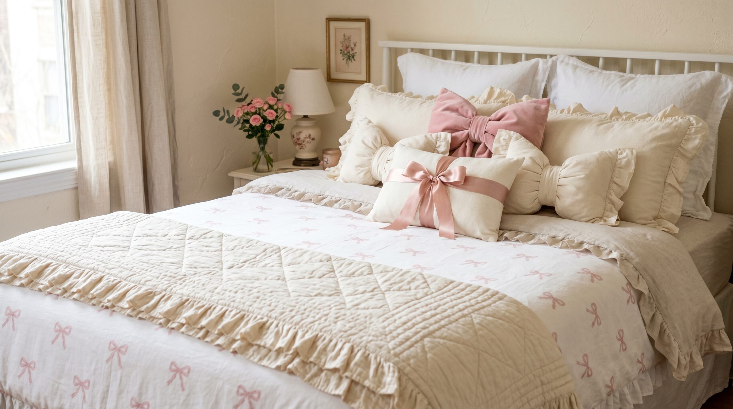 Coquette bed layered with bow-print duvet, cream ruffle throw, and bow throw pillows