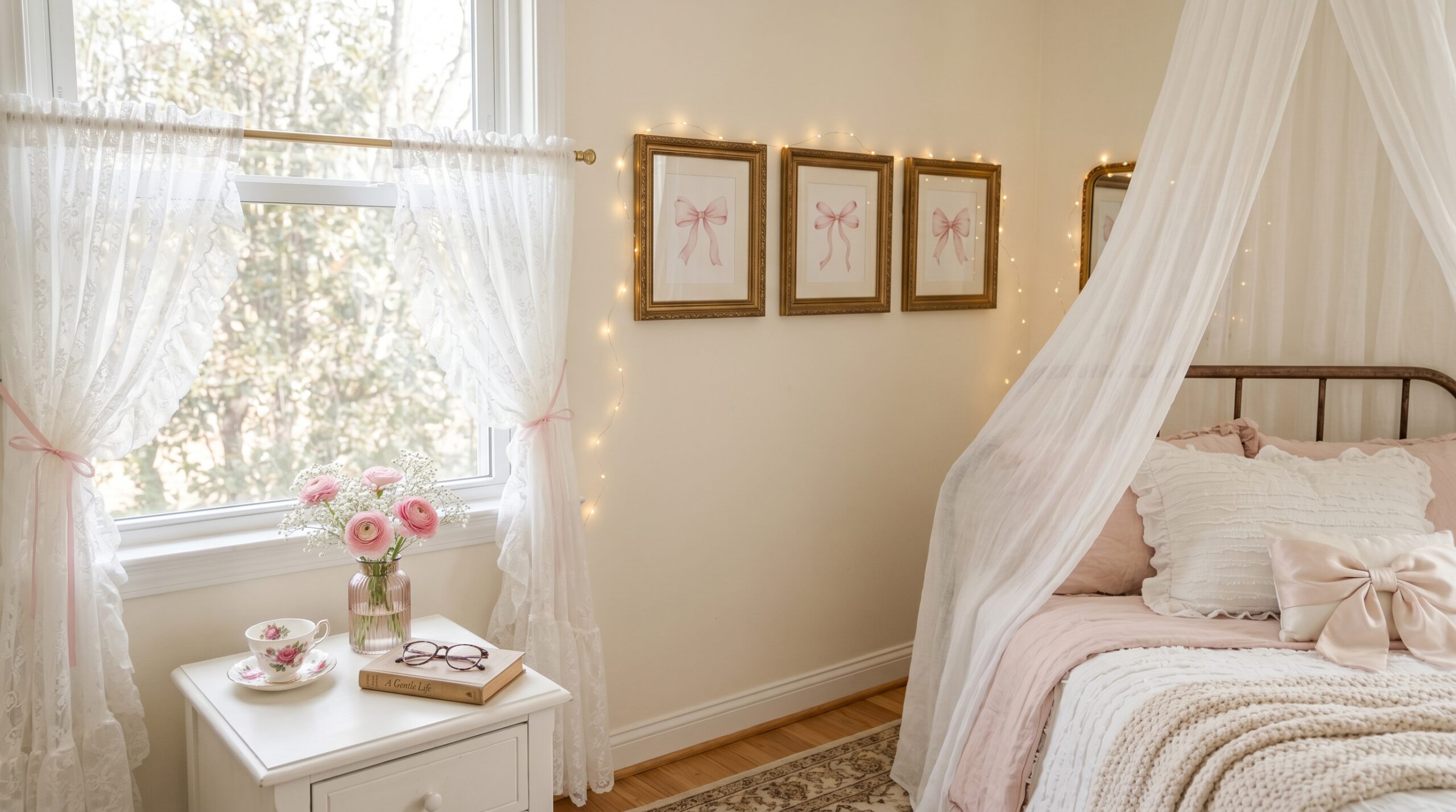 White ruffle lace curtains, sheer bed canopy, and framed bow art in a small rented bedroom
