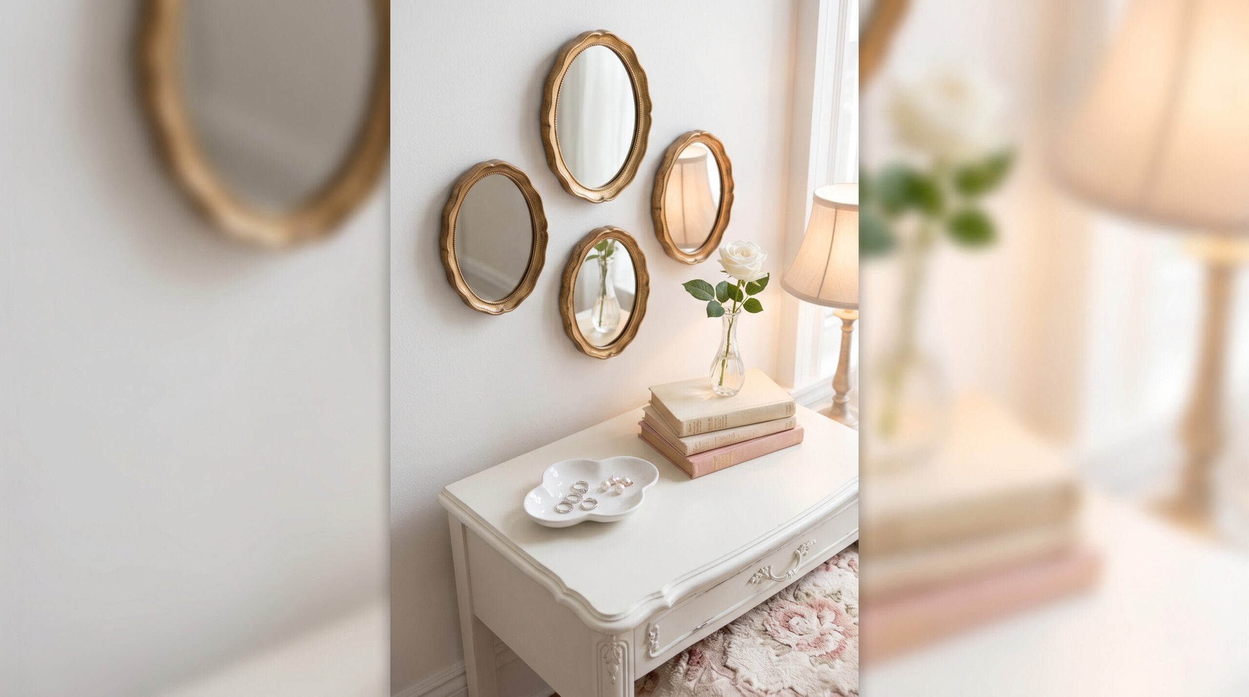 Coquette nightstand with scalloped gold mirror cluster and a cloud-shaped ceramic trinket dish