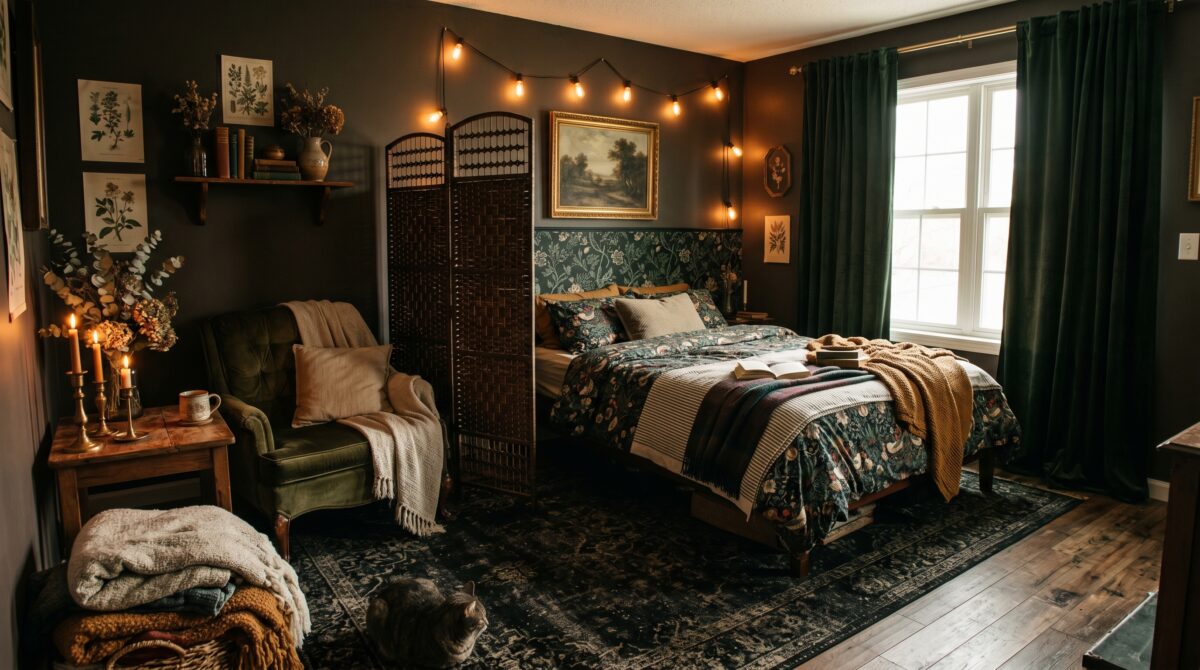 Dark cottagecore studio apartment under 400 square feet with moody floral bedding, a woven folding screen dividing the space, and warm amber lighting
