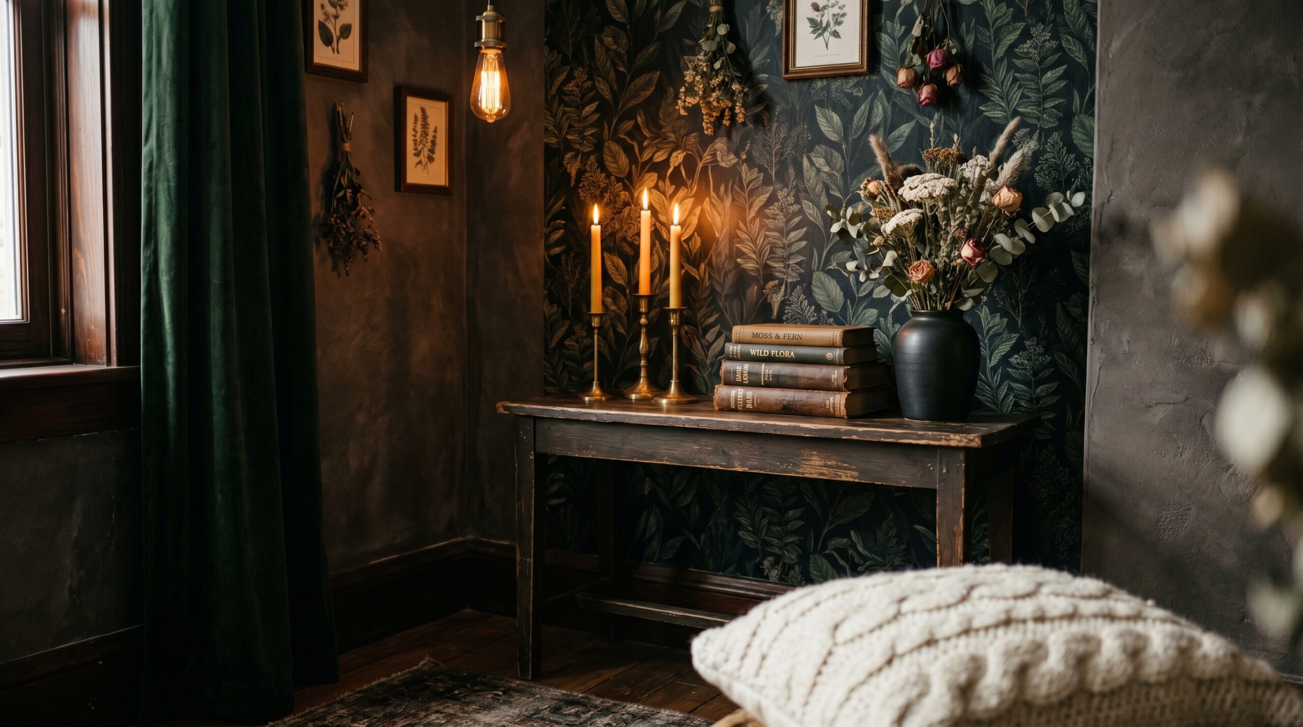 Dark cottagecore studio lounge corner with a botanical peel-and-stick accent wall, brass candlesticks, and amber bulb lighting