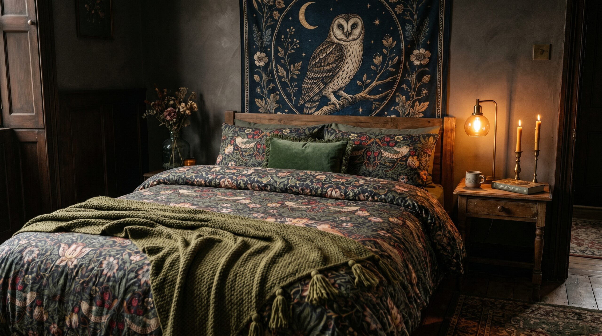 Dark cottagecore studio sleep zone with moody William Morris floral bedding, an owl-and-moon tapestry, and a cordless brass lamp