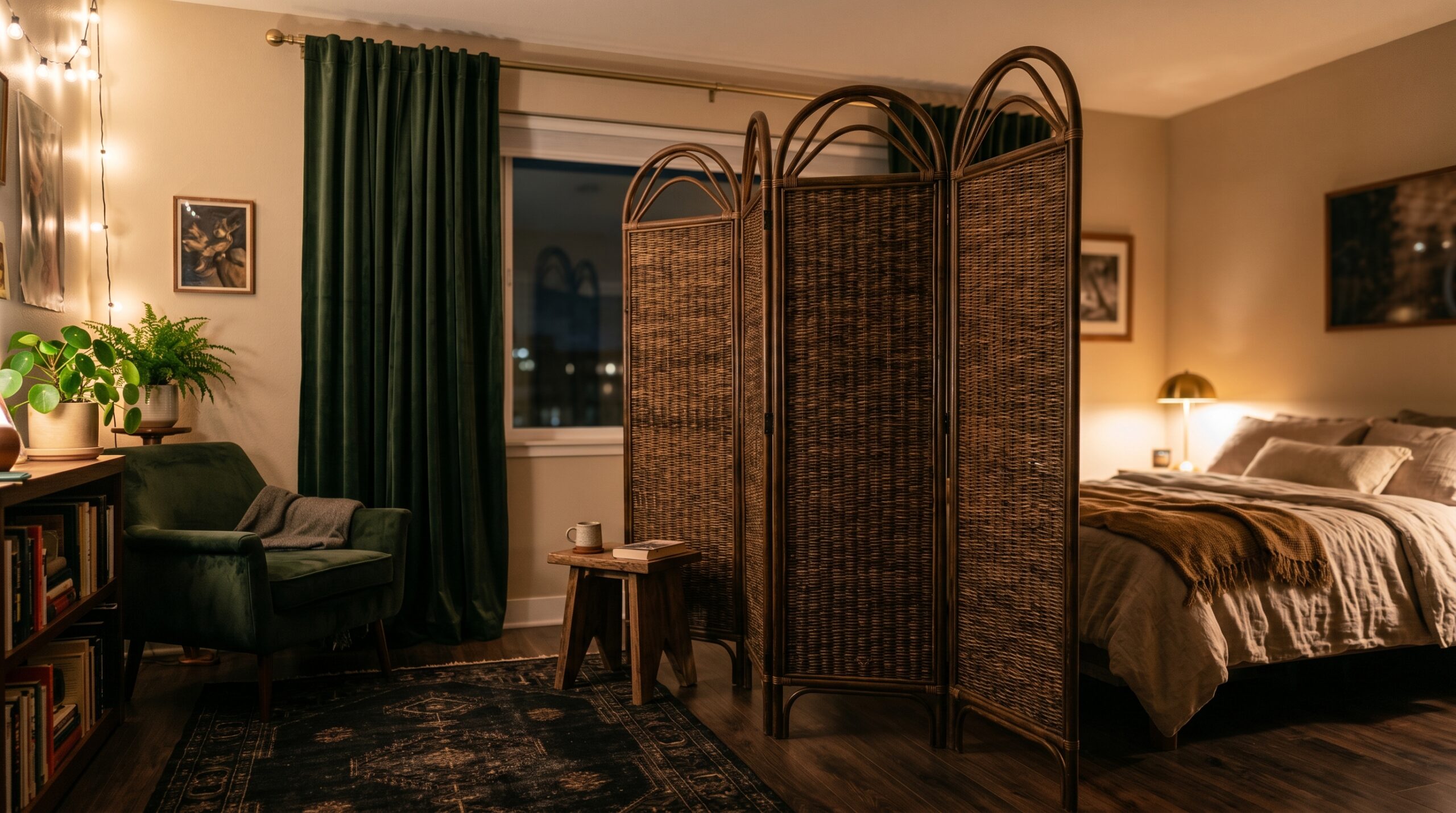 Freestanding dark woven folding room divider separating the sleep and lounge zones of a small dark cottagecore studio