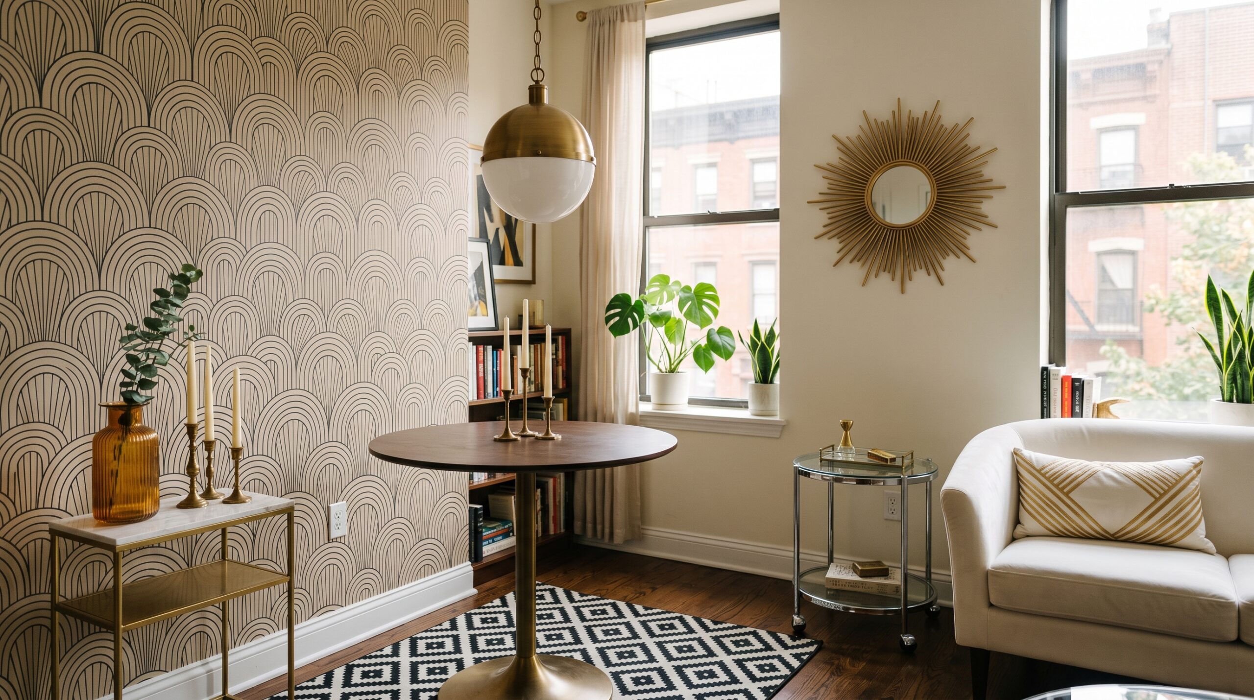 Neo Deco small apartment styled with brass globe pendant, black and gold fan-arch wallpaper, gold sunburst mirror, marble side table, and chrome glass end table in a budget-friendly setup