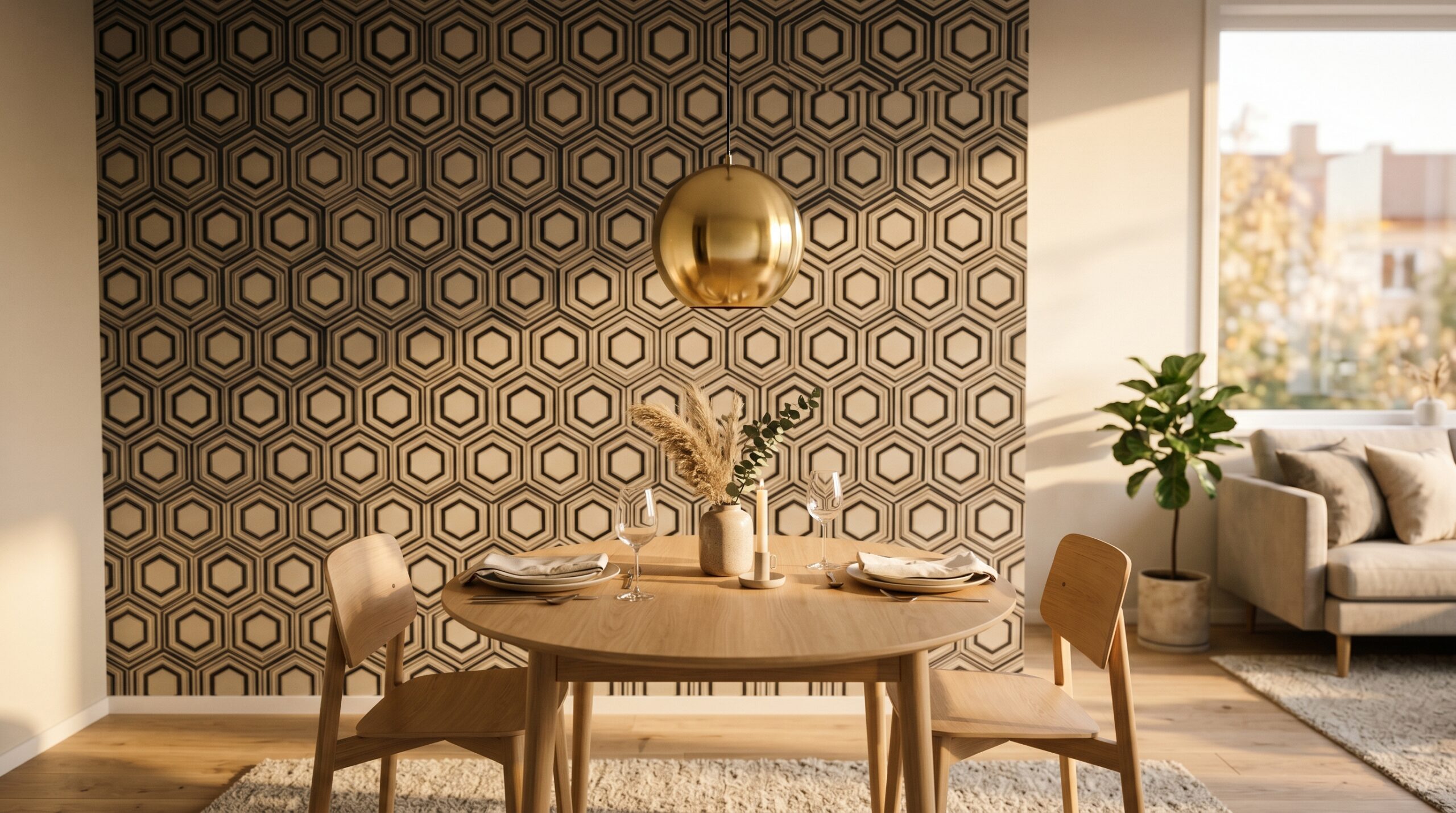 Brass globe pendant light hanging over a small dining table with a black and beige fan-arch peel and stick wallpaper accent wall, Neo Deco styled corner of a budget apartment