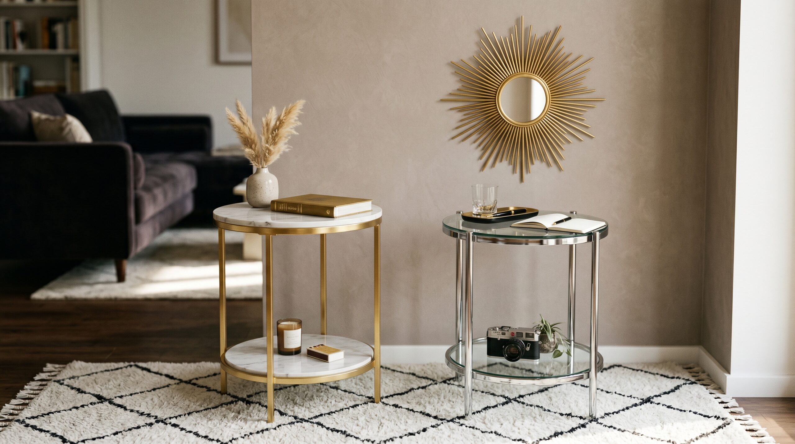 Small apartment console styled with gold sunburst mirror above, gold and faux marble two-tier side table, chrome and glass end table, and a black and white diamond geometric rug
