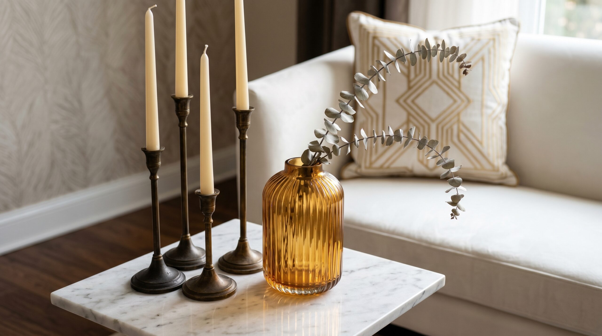 Amber fluted glass vase, three antique brass taper candle holders at varied heights, and a gold leather striped white velvet throw pillow grouped on a console table for a Neo Deco vignette