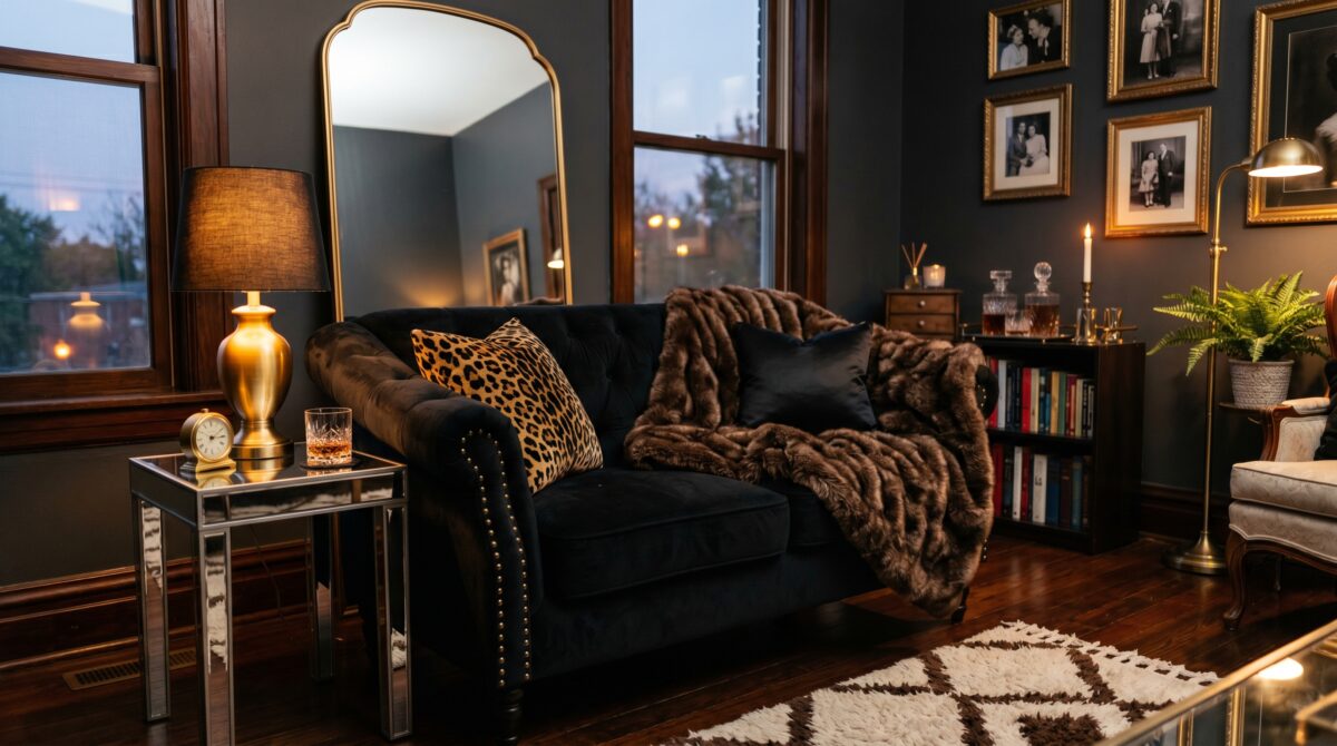 Mob wife aesthetic living room: a chocolate faux fur throw draped over a black velvet sofa, gold table lamp glowing in the background, leopard print pillow