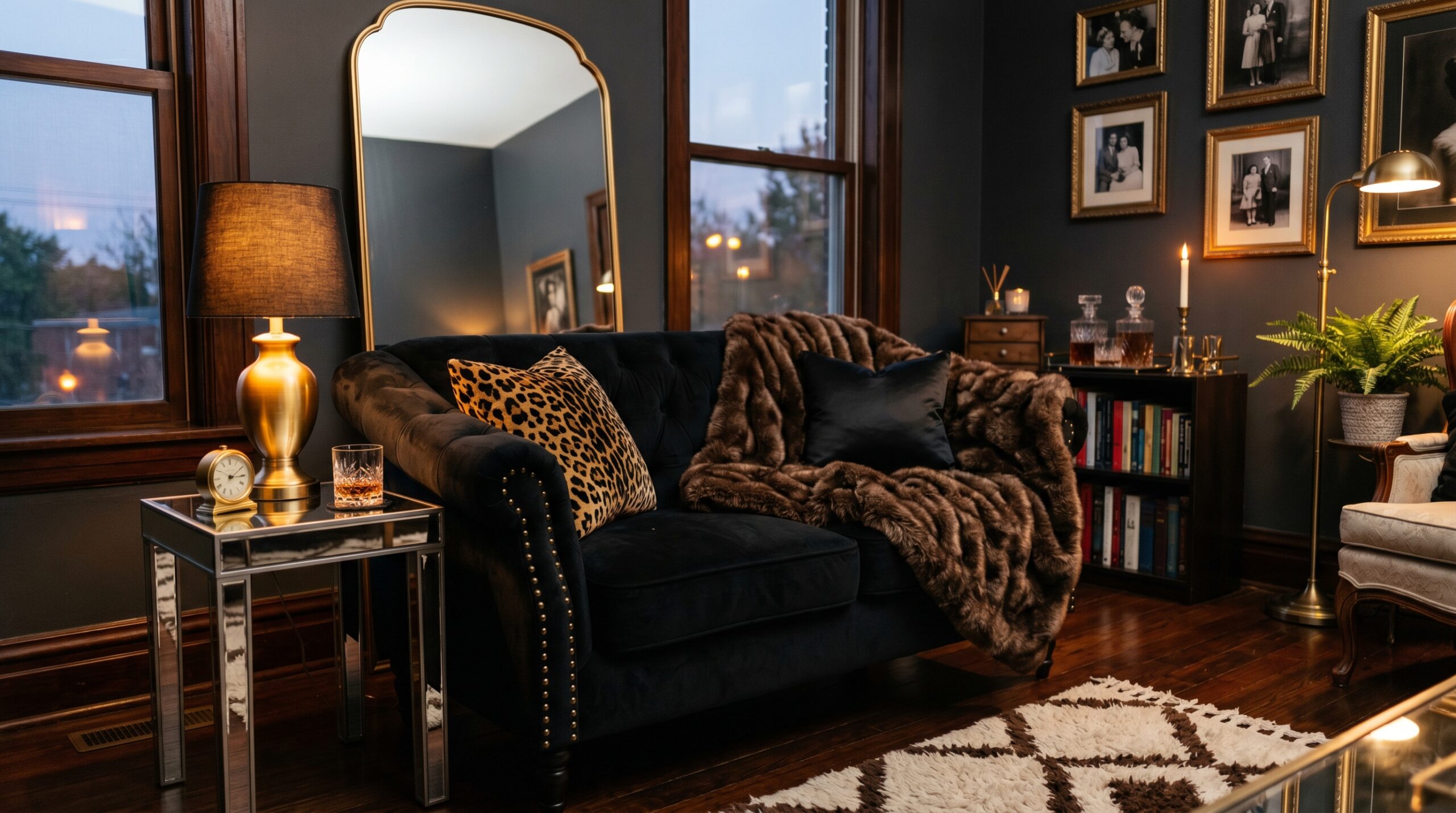Mob wife aesthetic living room: a chocolate faux fur throw draped over a black velvet sofa, gold table lamp glowing in the background, leopard print pillow