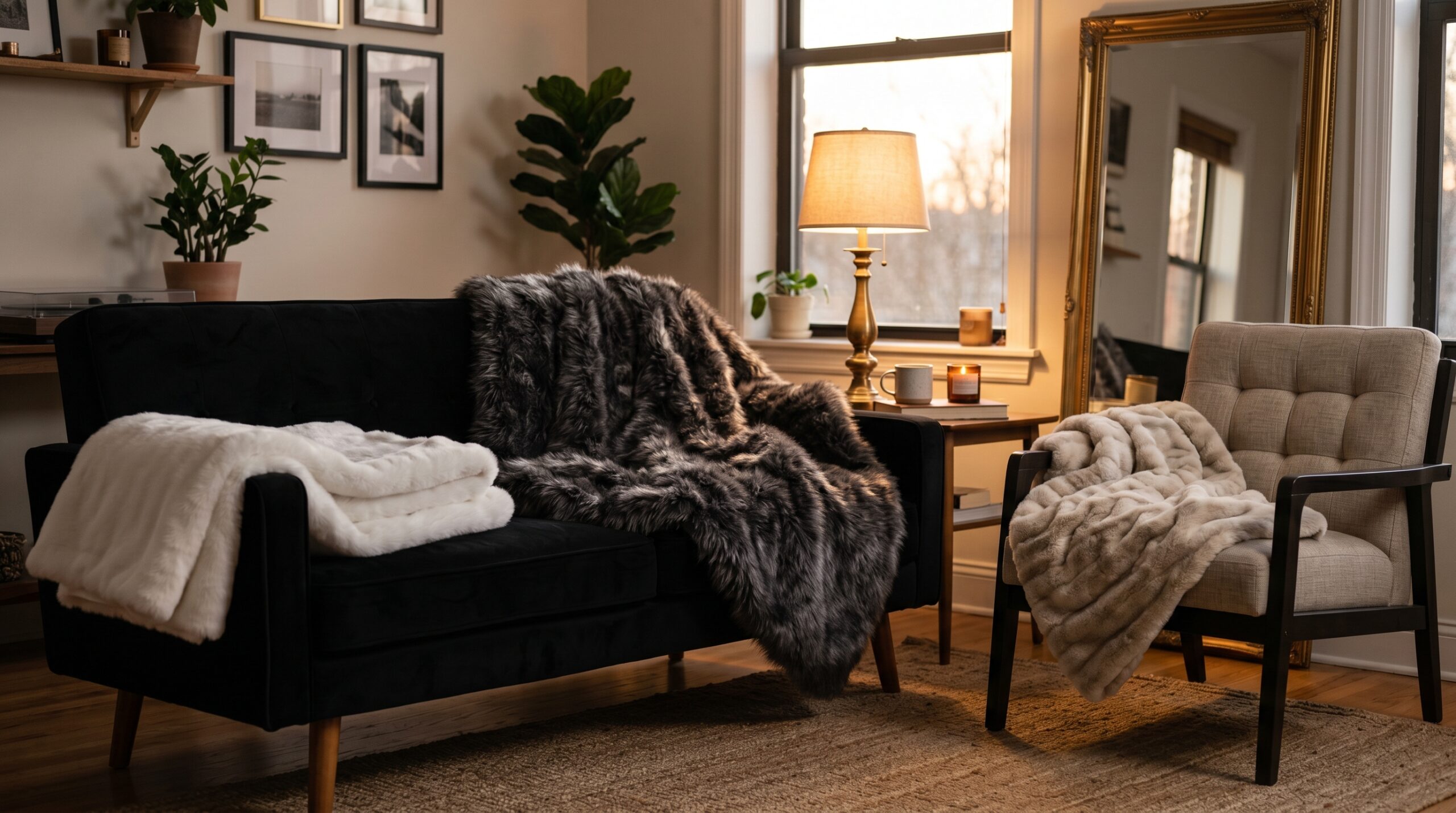 Three luxe faux fur throws layered on a black velvet sofa in a small apartment: UGG Euphoria charcoal grey throw across the back, snow white UGG throw folded on the arm, oatmeal striped Bedsure throw draped on a side chair