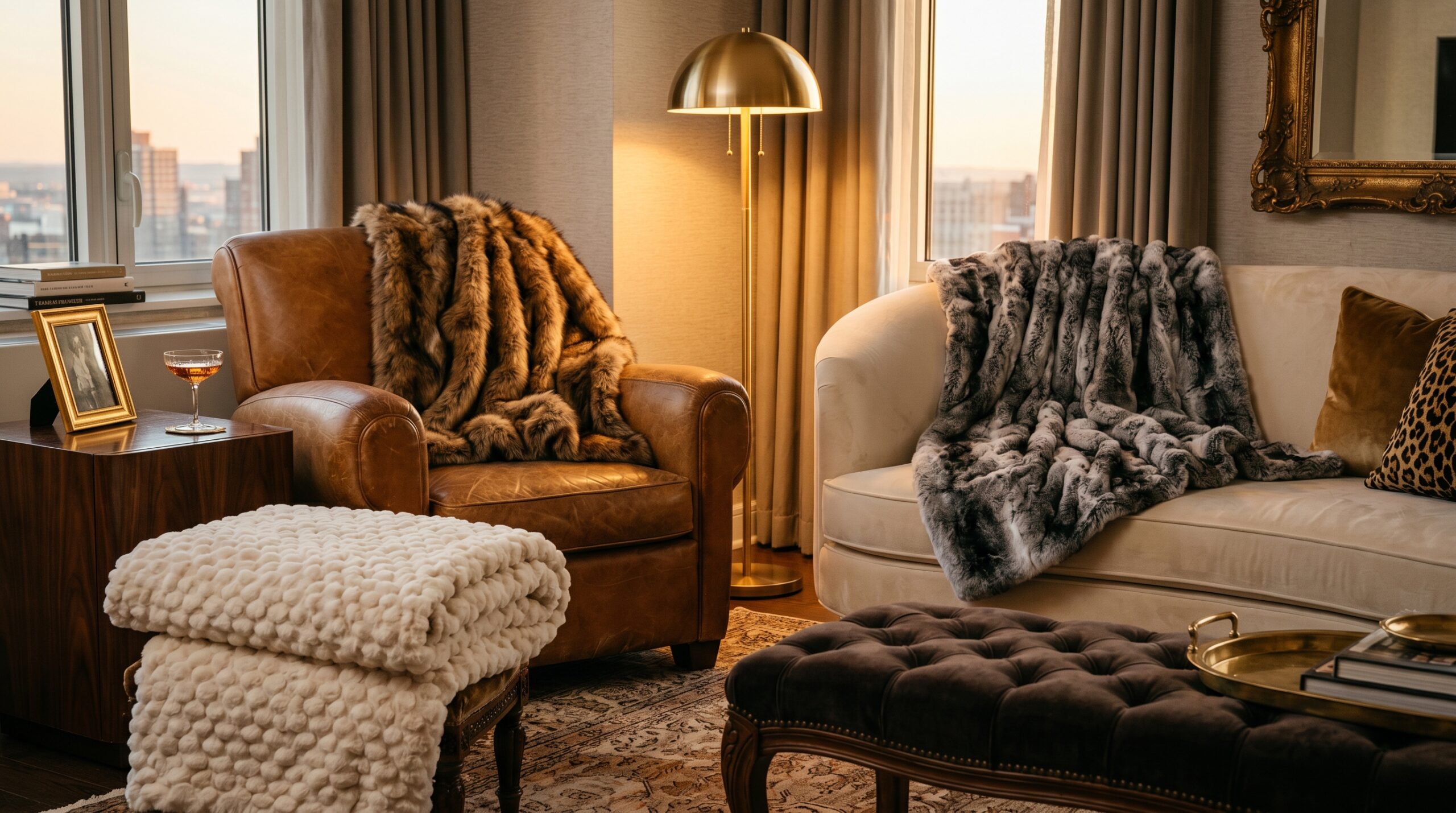 Long-pile faux fur throws in browns and grey styled in a small apartment: HORIMOTE brown with black tipping draped on a leather armchair, grey-and-black chinchilla-look throw on a velvet sofa, cream bubble-textured throw folded on a tufted bench