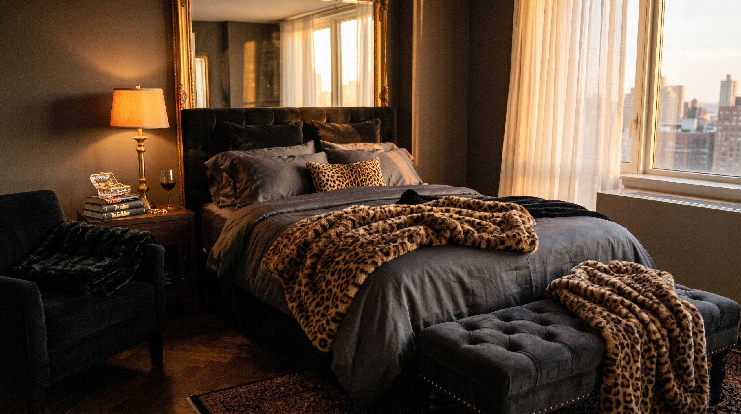 Mob wife animal print and black faux fur throws in a small apartment bedroom: Cozy Bliss brown leopard throw spread across the foot of a queen bed, MarCielo leopard throw on a tufted vanity bench, Everlasting Comfort black faux fur throw on a velvet armchair